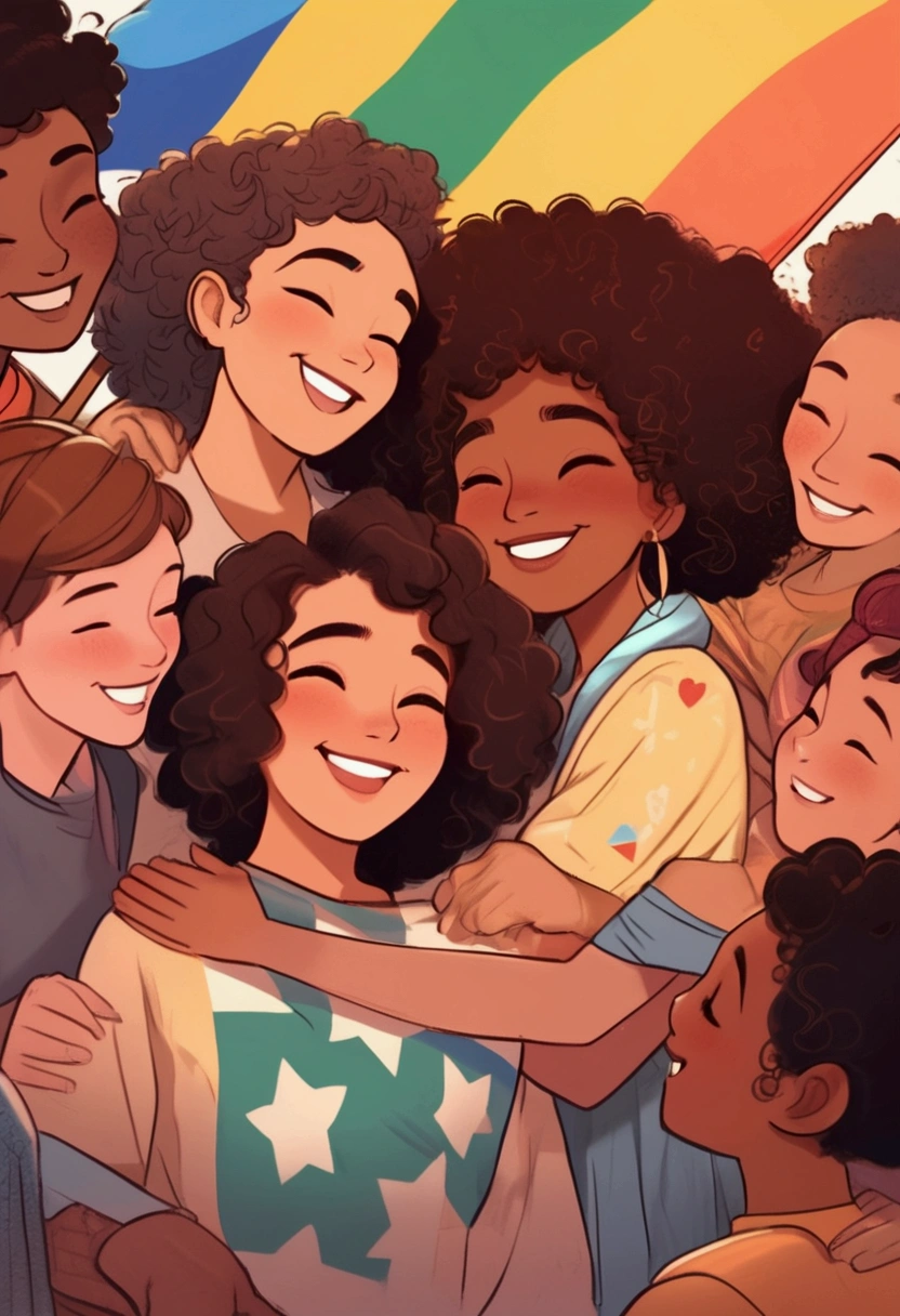 draw a picture of two people hugging and smiling with several people around them smiling in a circle, a black woman with curly hair and a brunette woman, esse desenho representa a acceptance, lgbtqia+, society and young people today ((acceptance)), various lgbt people (lgbt flag), colocar uma lgbt flag no desenho
