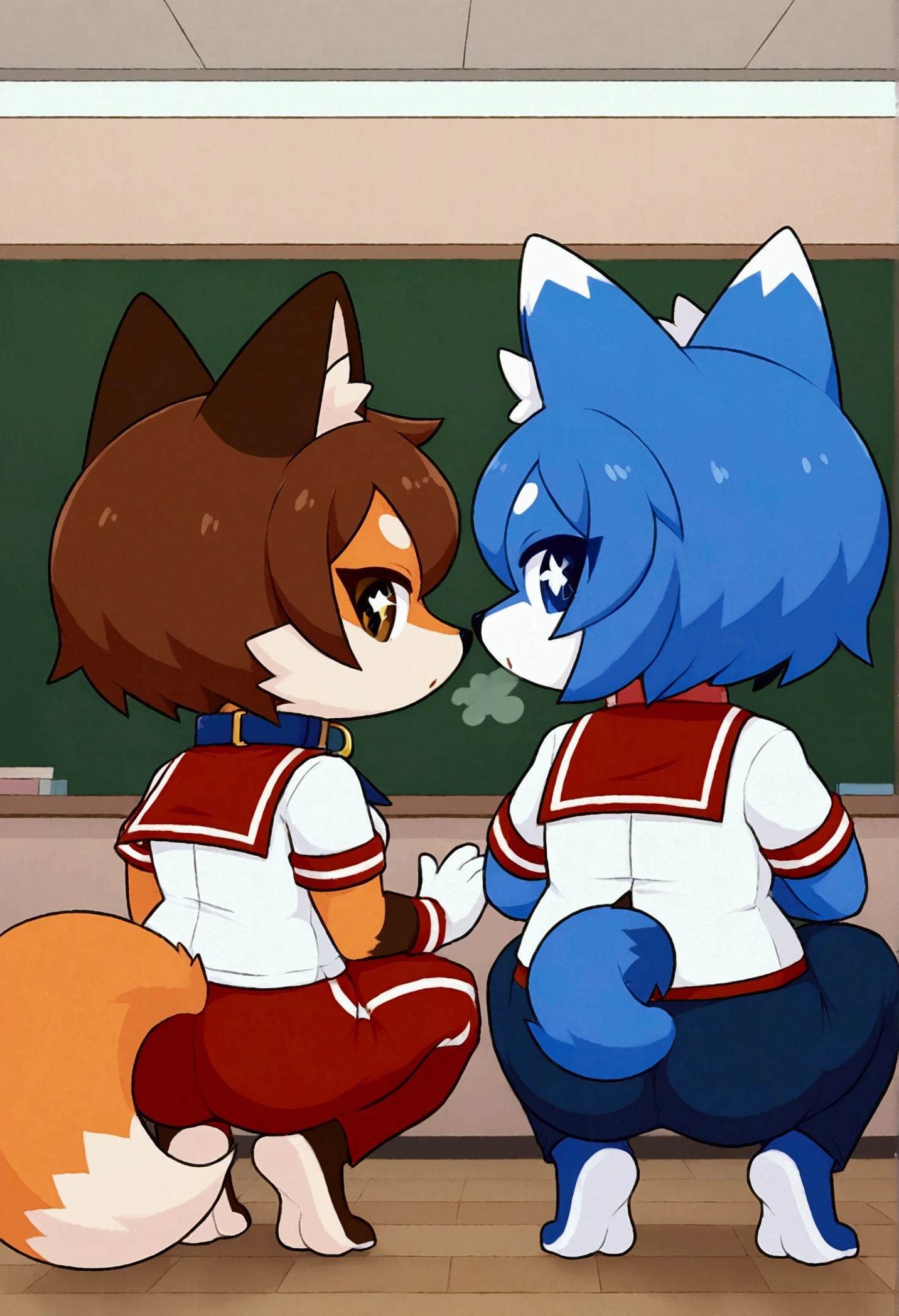2girls, fox and tanuki, furry, bodyfur, tail, collar, sailor suit, short sleeves, jersey pants, long pants, white gloves, snow gloves, barefeet, chibi, sparkling eyes, full body, classroom, school, squatting, looking back, fart