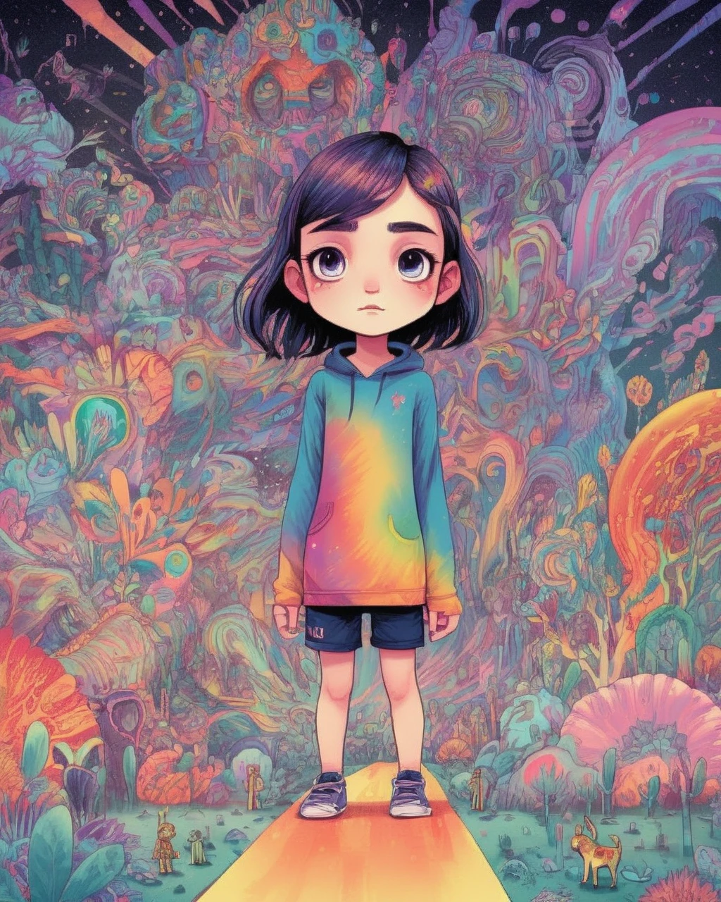 A child , (T-POSE), (正面, muka), olhando para 正面, standing, fully body, Diego Gisbert Llorens, josan gonzales e dan mumford, a storybook illustration, simple background, 1 girl, psychedelic art