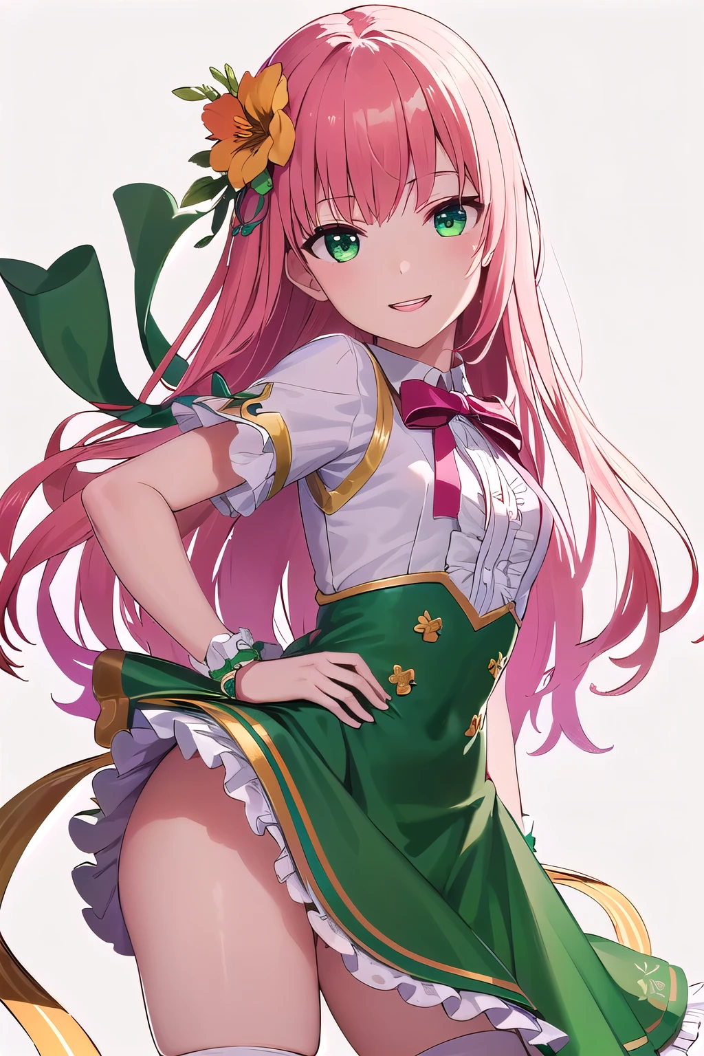 (8K, top-quality, masterpiece:1.2), (reallistic, Photorealsitic:1.37), Super Detail, One girl,), (Highly detailed), (beautifully detailed eyes), (of the highest quality), (super detailed ), (masterpiece), (Detailed face),20yr old, ,1 girl, ((pink hair,long hair)), medium breasts, clothed, Perfect Lighting, BREAK, (fantasy:1.1), (whimsical, magical:1.2), (emerald green, bright color shiny bodysuit:1.3), (tight, frilly:1.4), (bows, ribbons:1.4), (brown floral, small pattern:1.3), (blouse, short sleeves:1.3), (terracotta glossy knee-high socks:1.3), (green pumps ribbon accent:1.3), (gold delicate jewelry:1.2), BRAKE, (upper body to thighs:1.1), (long wavy hair, pink:1.1), (smiling, cute:1.2), (facing forward:1.1), (dynamic pose:1.2), (blurred white background:1.1), (soft lighting:1.1), (Flower hair ornaments:1.2)