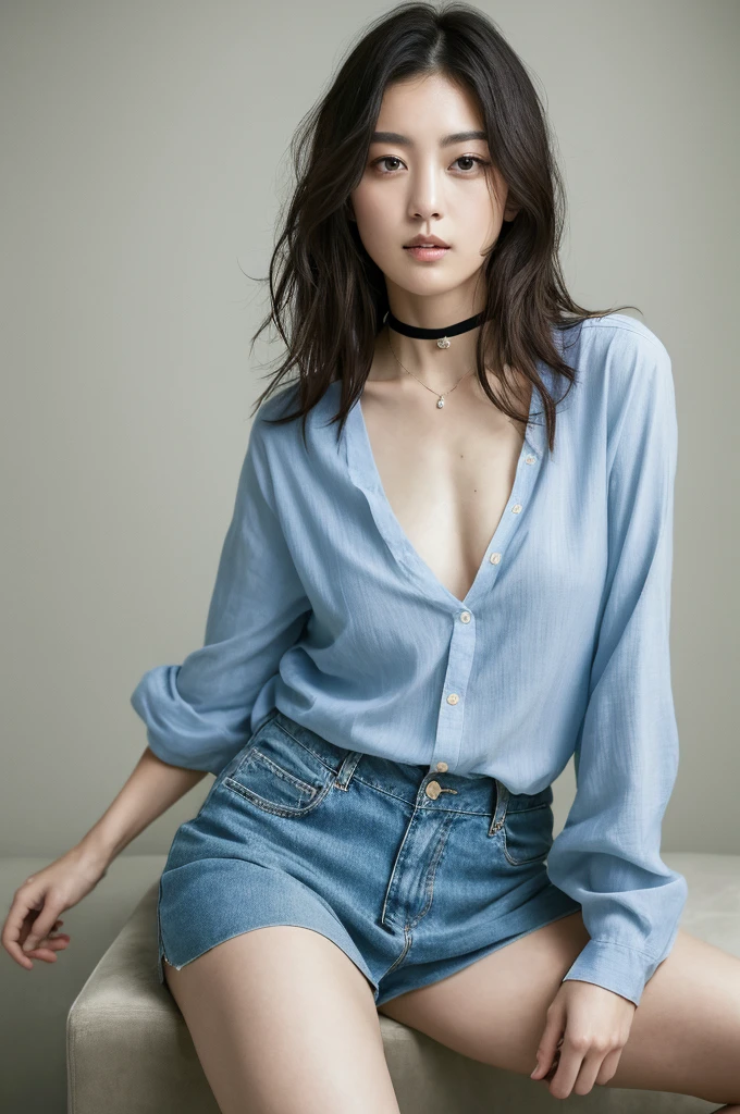You are a professional photographer。Highest quality, masterpiece, Ultra-high resolution, (Realistic), Please sit down and spread your legs.、RAW Photos, Japanese Idols、Bob Hair、Whole Body Ezbian、choker、Highly detailed face and skin texture, Delicate eyes, double eyelid
