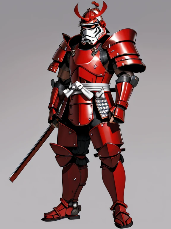 Japanese samurai wear masks ,Samurai, epic image, Era,Frontal photo，Extremely meticulous，full armour，frontal photos，relaxing,Red armor，Combat posture，((simple background)),gray background,，Standing posture，preparing to fight,stormtrooper, armor, helmet,
