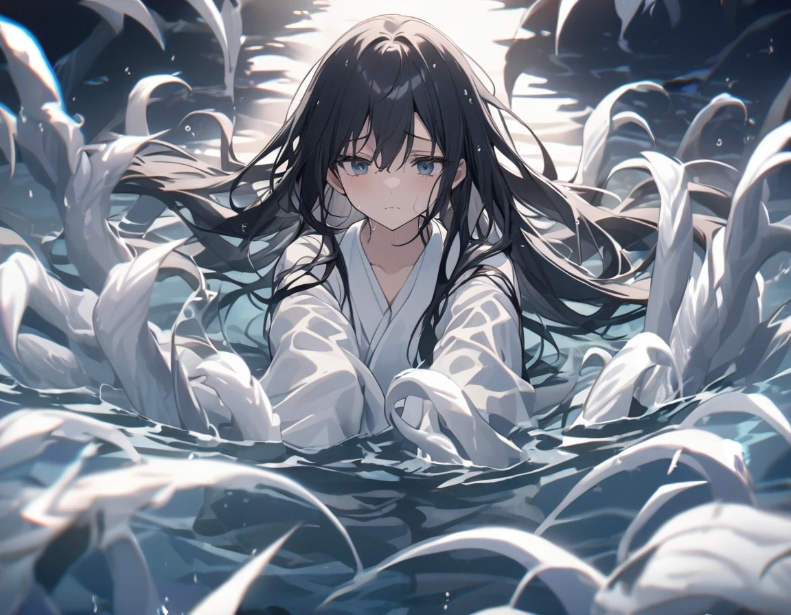 Girl with arms out in front of her showing claws from underwater、Black wet long hair、White triangular、White kimono、Many white hands sticking out of the water、The background is the pool、Sad look、