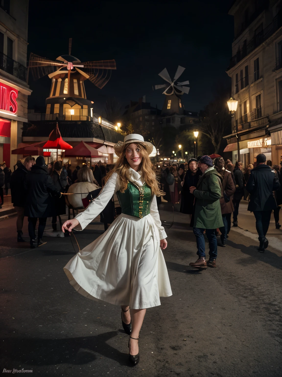 A blond woman in 1890s Parisian fashion with a long, flowing dress of deep emerald green, a wide-brimmed hat adorned with feathers and ribbons, and a delicate lace parasol stands mesmerized in front of the iconic red windmill of the Moulin Rouge. The year is 1890, and the gaslights and decorative lanterns illuminate the bustling winter scene around her. Snow gently falls from the sky, covering the streets in a soft, white blanket. People in horse-drawn carriages and on bicycles crowd the streets, their laughter and chatter filling the crisp, cold air.
The Moulin Rouge itself is a dazzling sight. The crimson facade is adorned with ornate decorations, golden trim, and posters advertising the famous can-can dancers within. Twinkling decorative lights are strung around the windmill and entrance, casting a warm, festive glow that enhances the excitement of the evening. A queue of people dressed in their finest attire, bundled in coats, scarves, and gloves, snakes around the entrance, eager to experience the Moulin Rouge's legendary nightlife.
Gaslights cast a soft, romantic glow along the cobblestone streets, their light reflecting off the snow-covered ground. Horse-drawn carriages clip-clop by, their drivers wrapped in thick woolen cloaks calling out to passersby. Bicycles weave through the crowd, bells ringing to clear the way. The air is filled with the scent of roasting chestnuts and mulled wine from street vendors, adding to the cozy winter atmosphere.
Posters depicting the glamorous can-can dancers, with their high kicks and frilly skirts, are plastered on every available surface. The chatter of the crowd is punctuated by the sound of accordions and violins from street musicians, playing festive tunes that blend with the sounds of the season.
The woman's dress, a rich emerald silk with a fitted bodice and cascading layers of fabric, sways gracefully as she moves. Her hat, a masterpiece of millinery with intricate lace and feather details, shades her face while