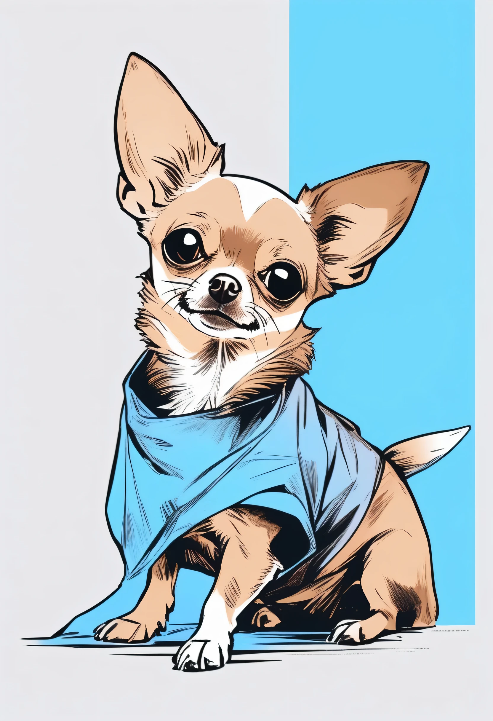 (最high quality, sketch:1.2),Realistic,Illustrator,anime,dog、Chihuahua、custom, Blue and dark brown gradient background, Neon color style、Dynamic pose、Texture Cropping, masterpiece, high quality、