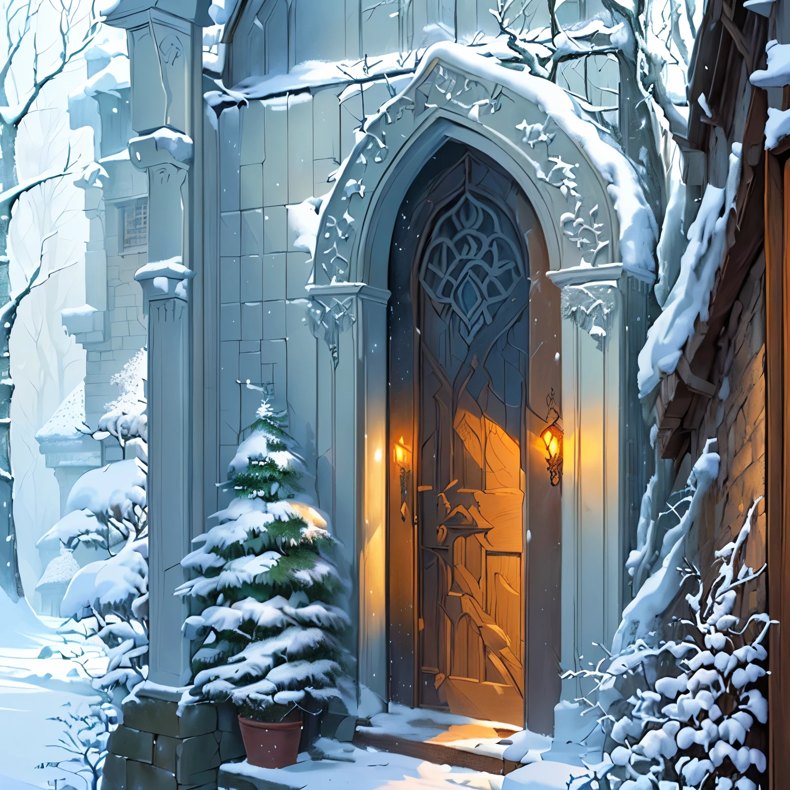 there is a painting of a door and a tree in front of it, inspired by Anton Pieck, winter concept art, elven architecture, magic doorway, doorway, style of john howe, background art, castle scene manga, atmospheric fantasy setting, immensely detailed scene, lothlorien, full color illustration, anime background art, mysterious exterior