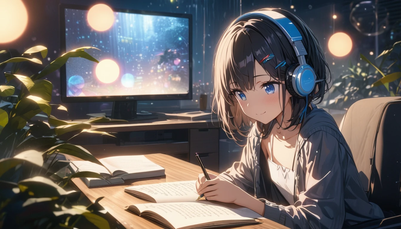 one girl, black short hair and bob hair, I tied my hair in a bun with a hair clip..、smile、beautiful blue eyes, gentle smile on her face、flat chest, one Beautiful girl,((masterpiece, illustration, best quality) ((ultra-detailed)),rainy night, a girl studying while listening to music with headphones, the night view is very beautiful with beautiful candle on her table. there are plants in the background, a beautiful night view with books and plants in the background with coffee on the desk,, 濃い青とBeautiful Blueのグラデーション, High resolution, 8K HD detail, hyper-detail, cinematic, surrealism, soft light, deep field focus bokeh, ray tracing and surrealism. --v6