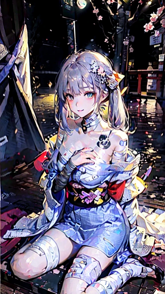 (((((roll up bandage sideways on a chest tightly to cover the chest without gaps))))), (((bandage samweways))), the bantage is no chest shape, flat chest, ((Japanese Gangster BOSS)), adult woman with the dignified presence, Killing Qi, wear nothing around shoulder, wear nothing around neck, wear the kimono, wear it below the waist, (I wind it up to control it, and to attach it), ((kimono come off)) ,wear the kimono multiple times, Bare shoulders and the clavicle, black and gold kimono, put on over jacket of kimono, (holding a japanese sword which shine in purple, The handole of the sword is black, and the blade is gray, long sword), eye fire, low angle, whole body, bandage is seen, anime character, Glaring, off sholder, nappropriate smile, Excellent, black blue hair, can see both shoulder, ((long kimono hem)), small face, ((some cherry blossam big tattoo on the arm)),((Sit with your legs folded)), ((background Japanese gate with circlr mark)),muscular,drink sake,fullmoon in the sky, The kimono is spreading,(((ultra-detailed))),super beautiful,Masterpiece,Killing Qi,Intimidation,zoom up