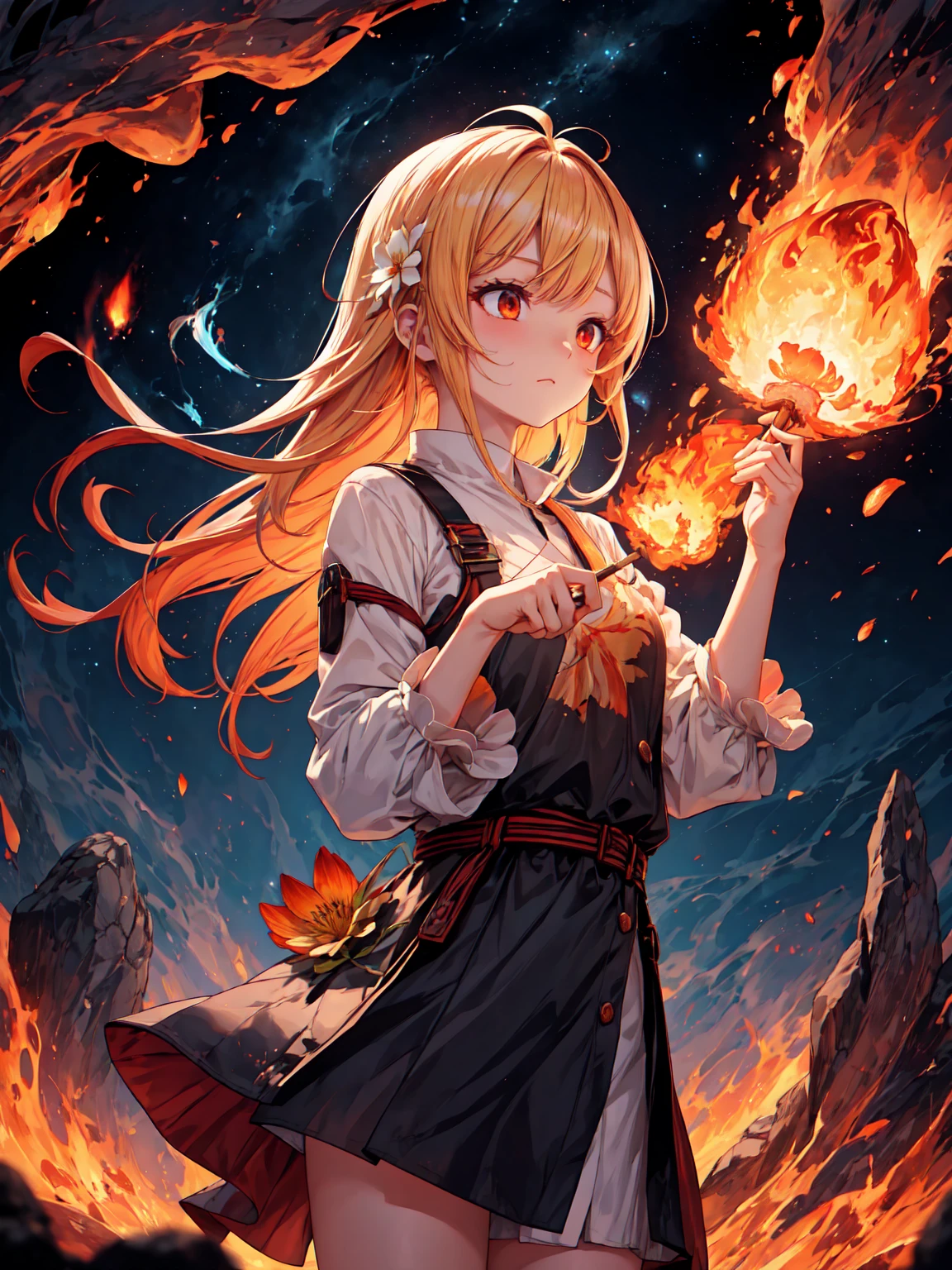 One girl, bangs, breathing fire, combustion, Burnt clothes, 残りfire, Ahoge, Beige Hair, Multicolored Hair, fire, inflammation, inflammationの剣, (Put your hand on the handle), Are standing, Long Hair,  Pyrokinesis, Expressionless, cigarette, flower(symbol),  alone, fireflower, sunset, Twilight, white flower, lava, Yuri (flower),  fiery flower, Depth of written boundary, combustion ,