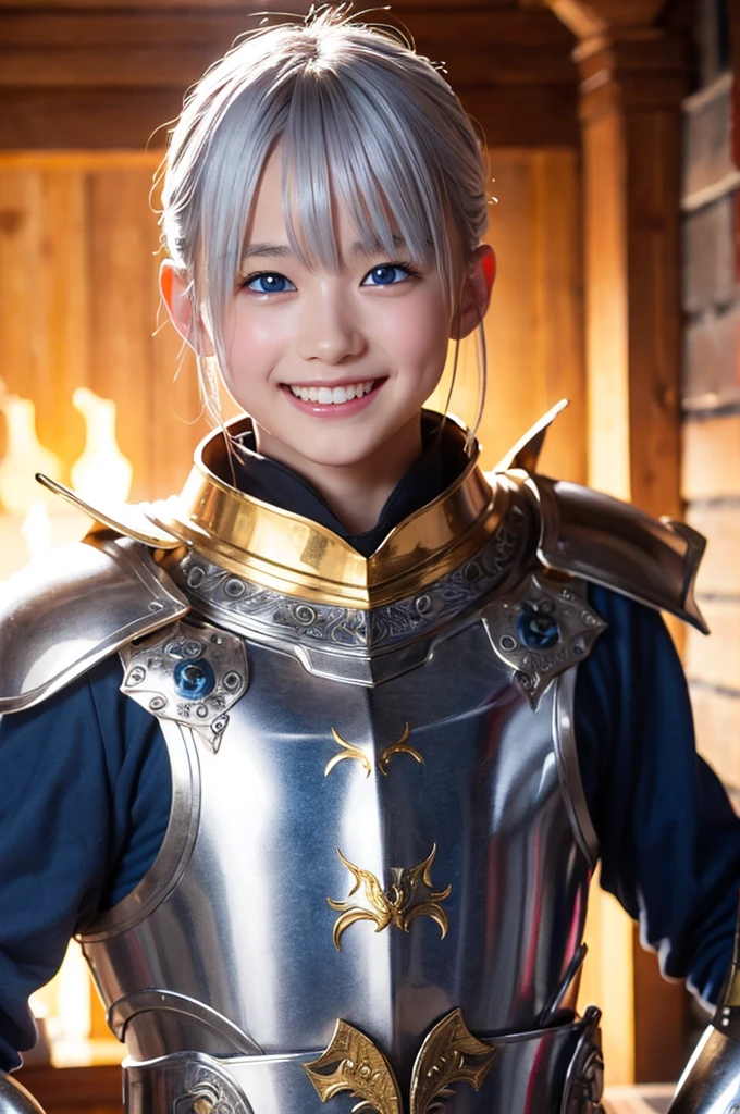 Ultra HD、Ultra-clear、8k、A cool dragon boy、White skin、blue eyes、Silver Hair、smile、A holy warrior covered in golden armor