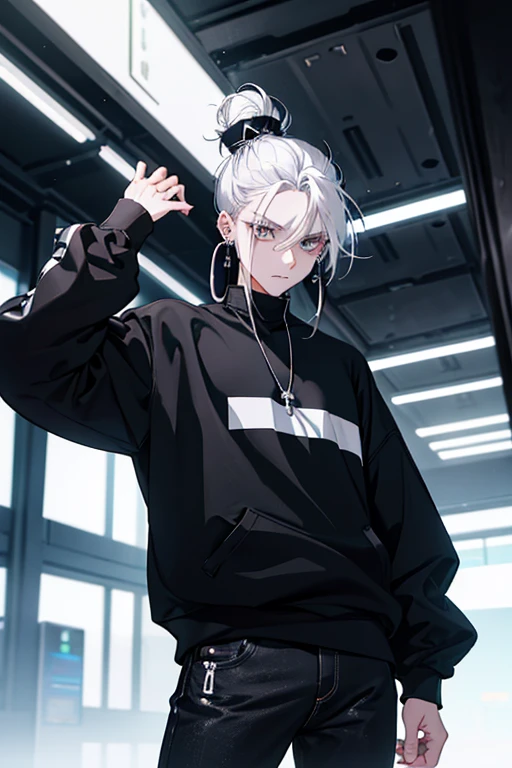 Anime man gradient young white hair low on shaved sides turns hair bun to the left side in the middle serious face with black earrings black sweatshirt Speed jeans futuristic clothes black dark circles under his eyes big black hair big brown hair extremely futuristic clothes futuristic clothes futuristic sweatshirt black skinny jeans male