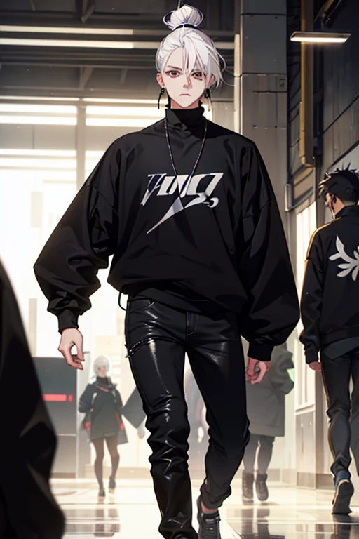 Anime man gradient young white hair low on shaved sides turns hair bun to the left side in the middle serious face with black earrings black sweatshirt Speed jeans futuristic clothes black dark circles under his eyes big black hair big brown hair extremely futuristic clothes futuristic clothes futuristic sweatshirt black skinny jeans male