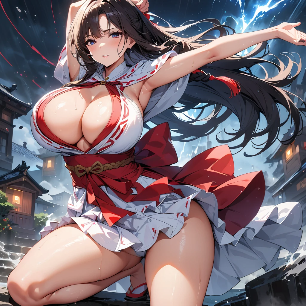 Highest quality, High definition beauty,  (Ultra-high resolution,8k), Ultra high fine mesh, Perfect Anatomy, The three pure shrine maidens, Detailed shrine maiden costume, Dynamic composition,  In the Storm, Big Breasts, Soft Skin, Glowing Skin, Bright lighting, 非常に激Shii雨, god々Shii, Professional photography techniques, Stretching oneself