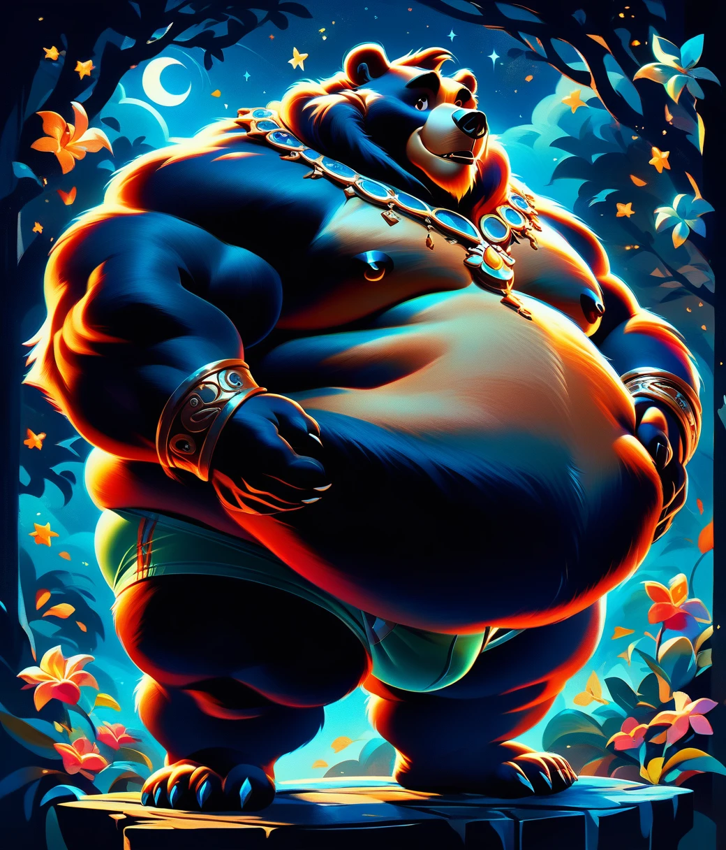 (cute, fat, obese, anthro, male, bear), ral-chrosc-clr, fullbody, briefs, adorable, magical oasis, fantasy, night time, moonlight, magical, extremely detailed, beautiful,whimsical, high resolution image