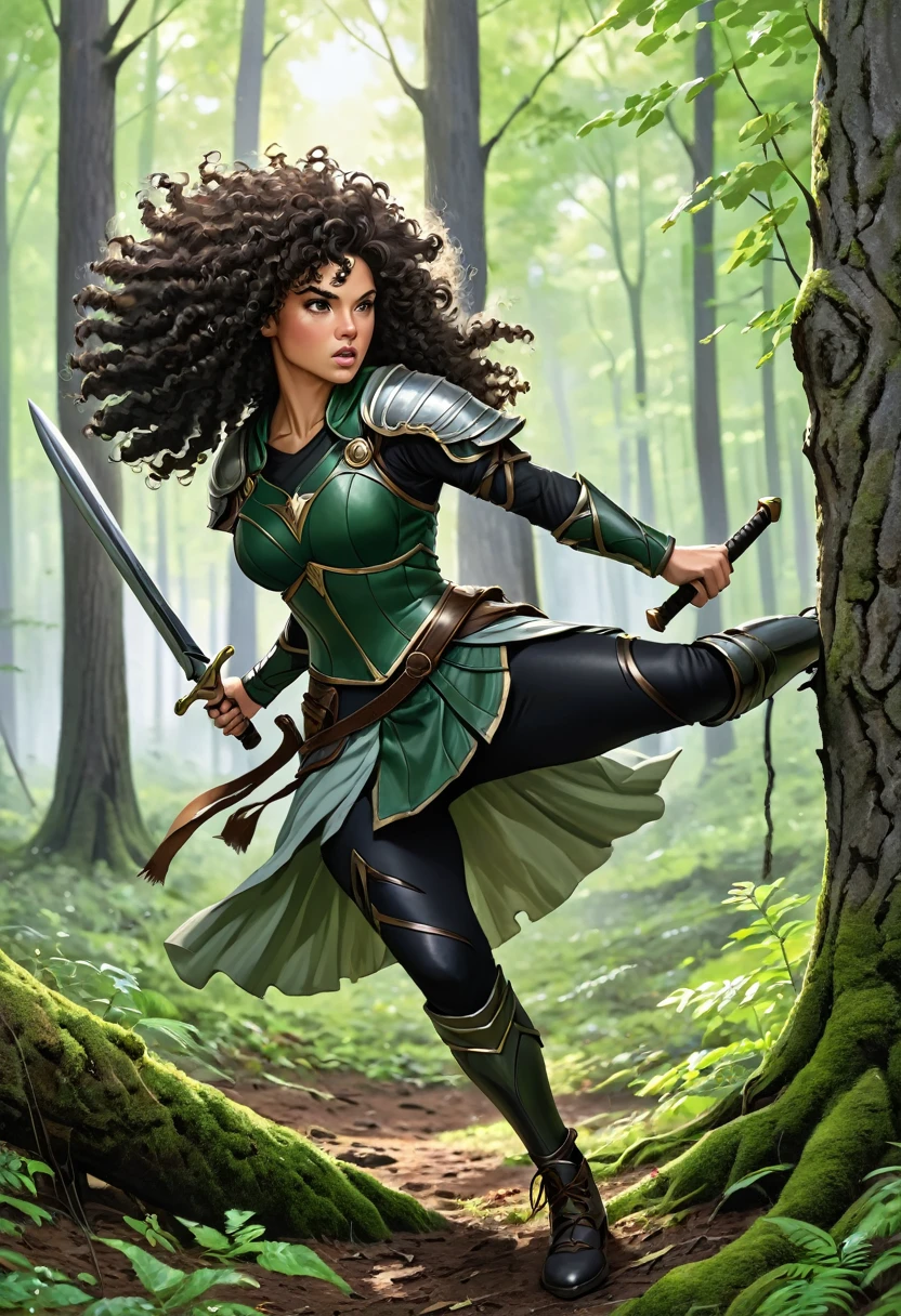woman warrior, blackquality hair, curly hair, at the forest, hitting tree