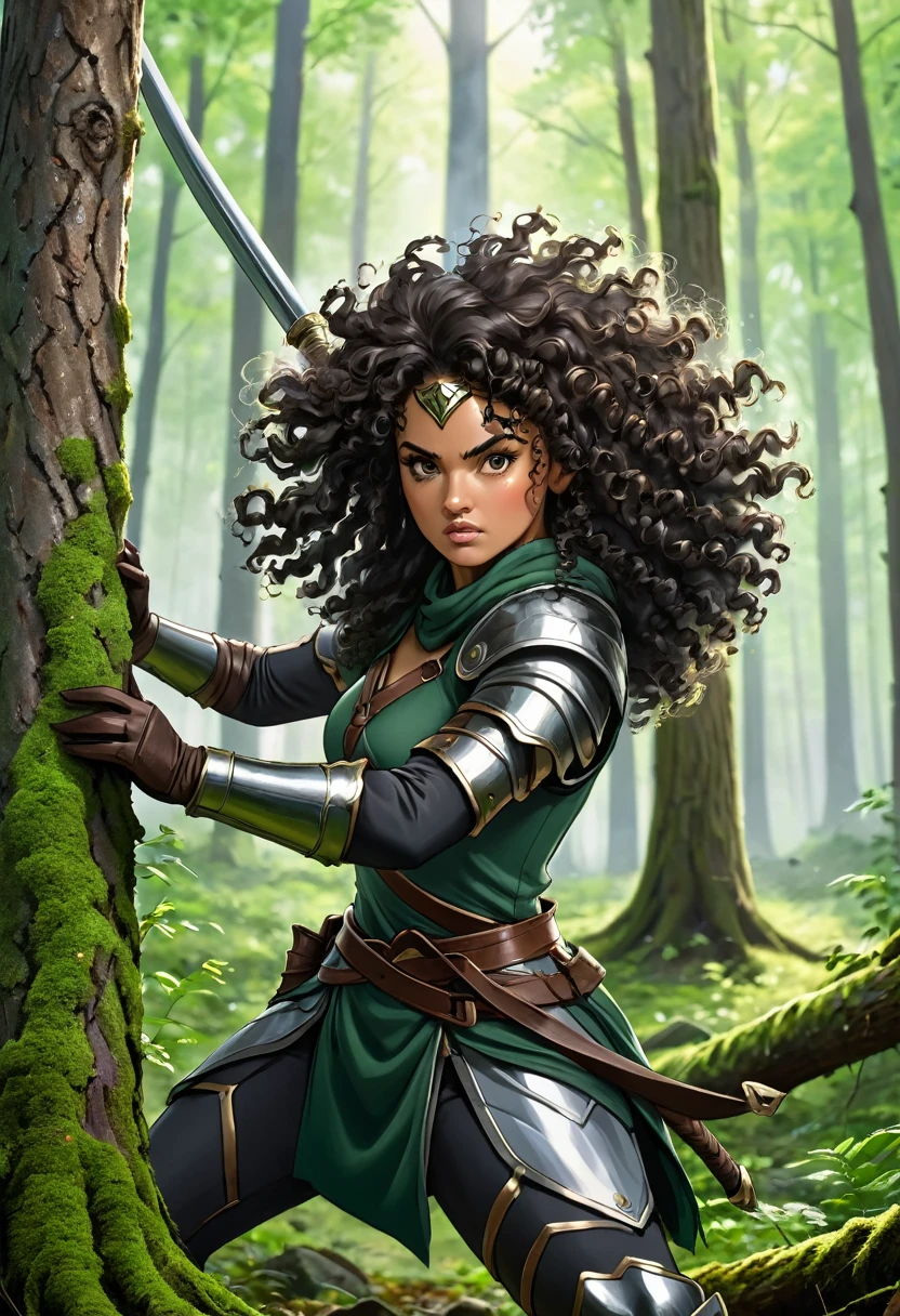 woman warrior, blackquality hair, curly hair, at the forest, hitting tree