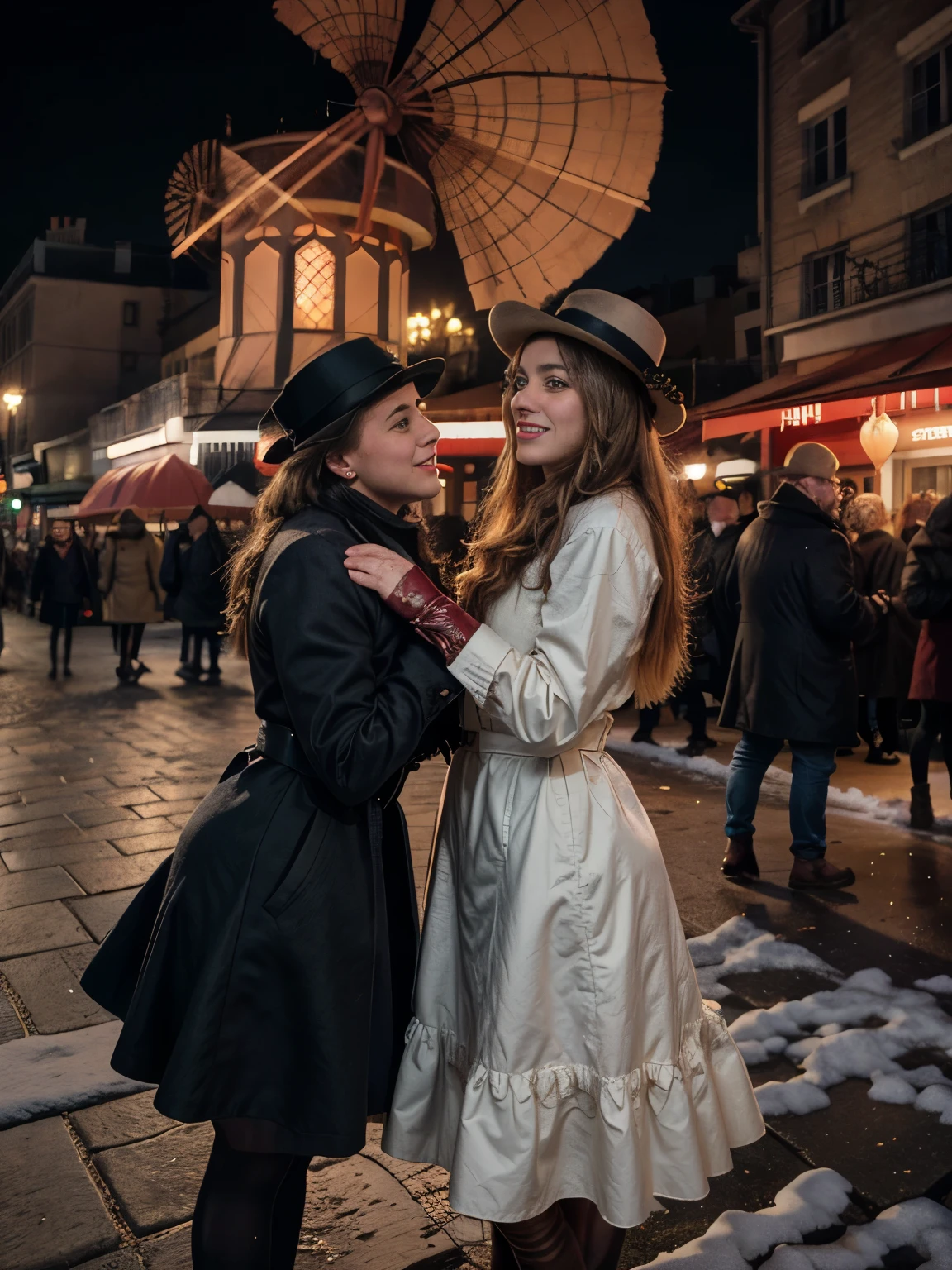 A blond woman in 1890s Parisian fashion with a long, flowing dress of deep emerald green, a wide-brimmed hat adorned with feathers and ribbons, and a delicate lace parasol stands mesmerized in front of the iconic red windmill of the Moulin Rouge. The year is 1890, and the gaslights and decorative lanterns illuminate the bustling winter scene around her. Snow gently falls from the sky, covering the streets in a soft, white blanket. People in horse-drawn carriages and on bicycles crowd the streets, their laughter and chatter filling the crisp, cold air.

The Moulin Rouge itself is a dazzling sight. The crimson facade is adorned with ornate decorations, golden trim, and posters advertising the famous can-can dancers within. Twinkling decorative lights are strung around the windmill and entrance, casting a warm, festive glow that enhances the excitement of the evening. A queue of people dressed in their finest attire, bundled in coats, scarves, and gloves, snakes around the entrance, eager to experience the Moulin Rouge's legendary nightlife.

Gaslights cast a soft, romantic glow along the cobblestone streets, their light reflecting off the snow-covered ground. Horse-drawn carriages clip-clop by, their drivers wrapped in thick woolen cloaks calling out to passersby. Bicycles weave through the crowd, bells ringing to clear the way. The air is filled with the scent of roasting chestnuts and mulled wine from street vendors, adding to the cozy winter atmosphere.

Posters depicting the glamorous can-can dancers, with their high kicks and frilly skirts, are plastered on every available surface. The chatter of the crowd is punctuated by the sound of accordions and violins from street musicians, playing festive tunes that blend with the sounds of the season.

The woman's dress, a rich emerald silk with a fitted bodice and cascading layers of fabric, sways gracefully as she moves. Her hat, a masterpiece of millinery with intricate lace and feather details, shades her face while 