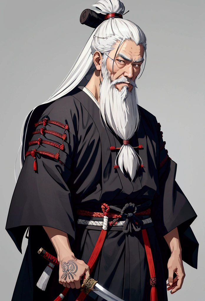 historic, Gray Hair,White long beard,Alafed image of a man with a sword in his hand, samurai portrait, inspired by Kanō Sanraku, miyamoto musashi, ancient Japanese Samurai, samurai portrait, Japanese Samurai, Inspired by Wu Daozi, Samurai Style, Samurai Man Wanderer, Traditional Japanese concept art, Works inspired by Kano Hogai
