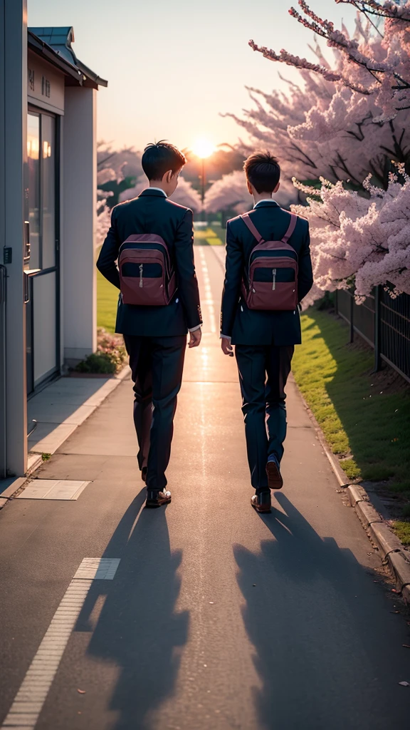 Create a photo of two boy friends in school uniforms walking at sunset, There must be cherry trees planted on both sides., The view should be visible from the rear。