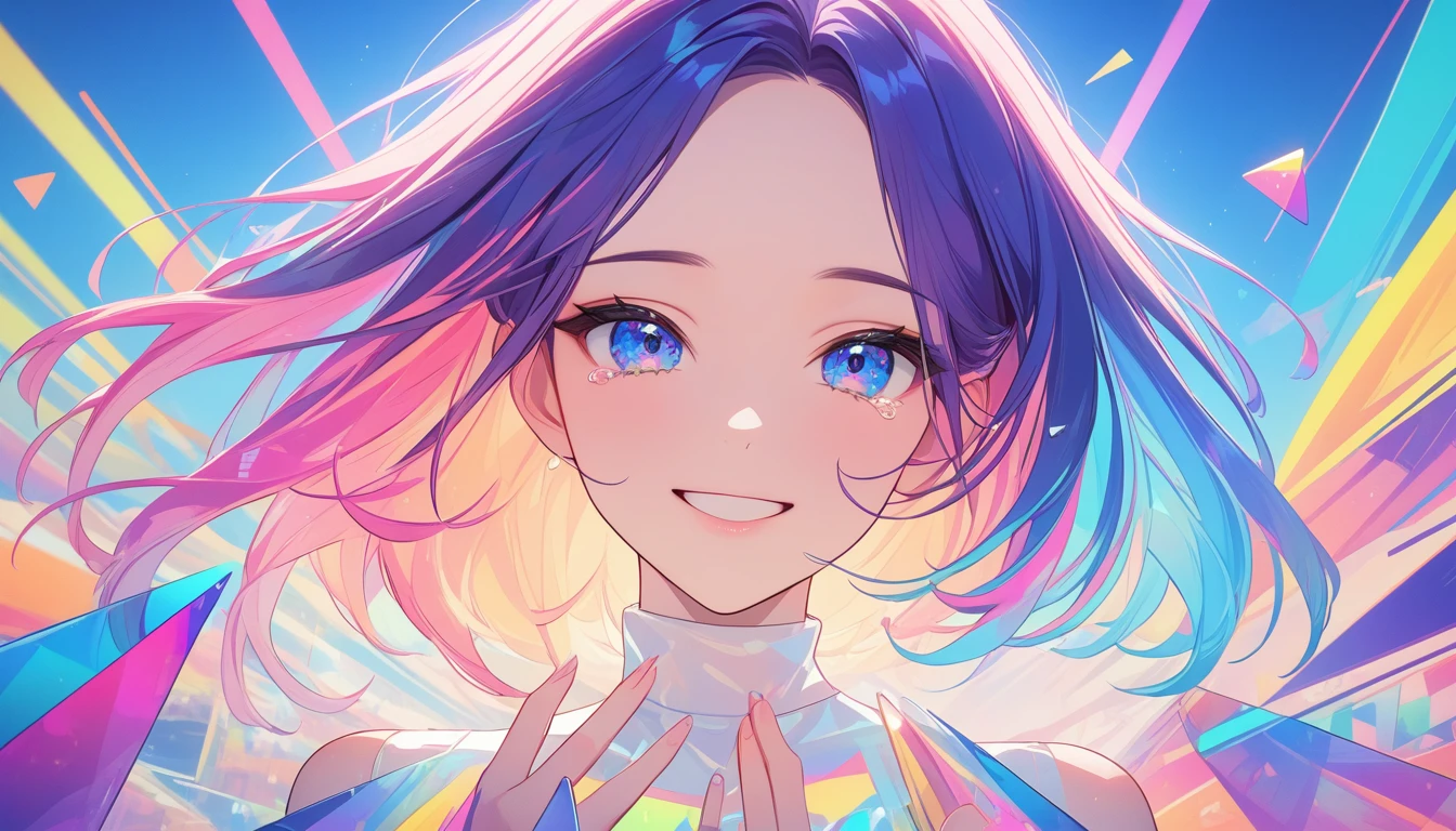 masterpiece,bestquality,superwideangle,fingeraudience,1girl,pinkandbluehair,hand,cuteanimeface,tears,masterpiece,transparentcolorPVCclothing,transparentcolorvinylclothing,wholebody,glitchlump}onface,smile,mediumhair,filmgrain,lens_flare,colorful,chromaticaberration,dynamicpov,closedmouth,Intenseemotionalexpression:death,glitchart,ultra-detailed,extremelydelicateandbeautiful,albumcover,album,albumdescription,Pixilationonface,Doubleexposure,ChromaticAberration,Lightleaks,Noiseandgrain,Colordegradation,Glitchlettering,art,abstractart,geometry,clearlines,squares,bright,limitedpalette,{canonicalcomposition},neatdiagonalstripedbackground,{{bluewithwhitestripedbackground}},{limitedpalette},flatcolored,blueandwhite,