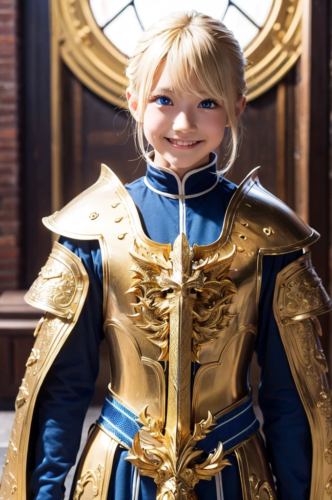 Ultra HD、Ultra-clear、8k、A cool dragon boy、White skin、blue eyes、Blonde wolf cut、smile、A holy warrior covered in golden armor