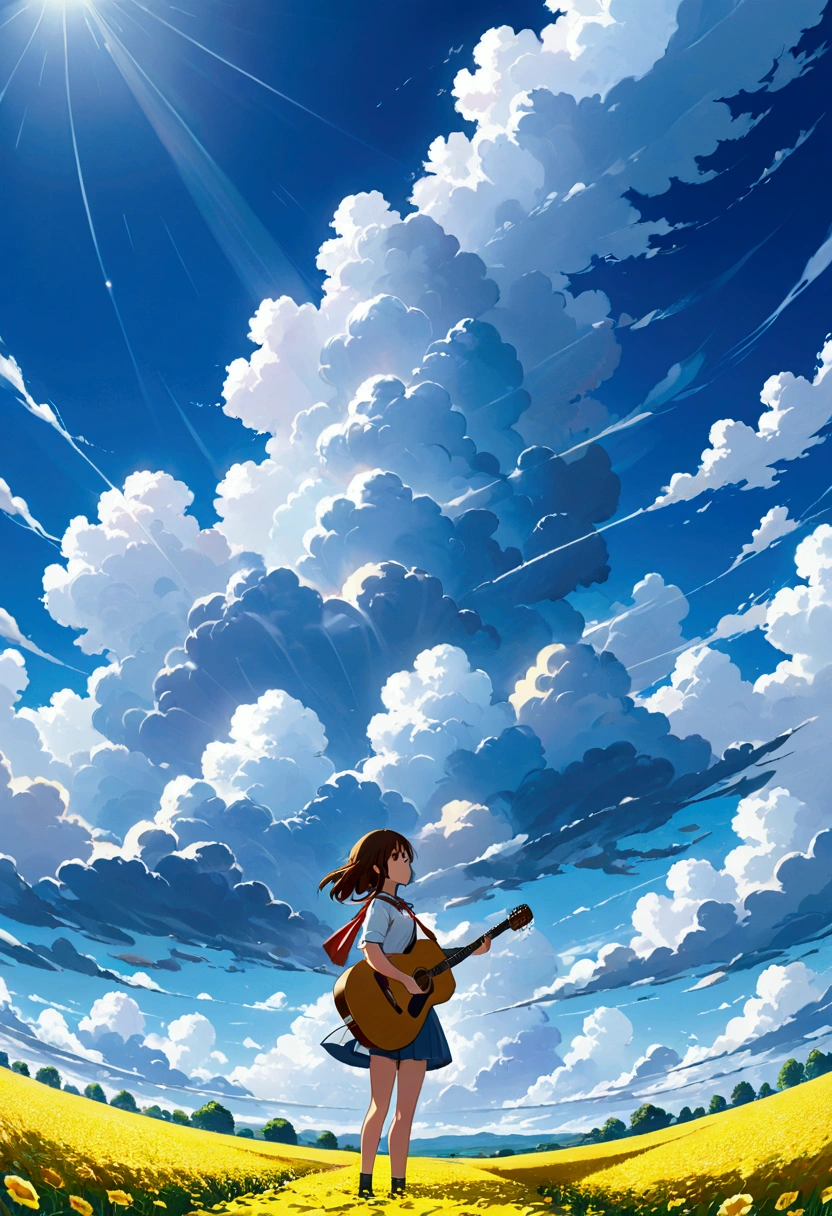 anime girl with guitar in the sky, a picture inspired by Makoto Shinkai, pixiv, conceptual art, 4 k manga wallpaper, anime clouds, anime art wallpaper 8 k, anime background, anime style 4 k, anime art wallpaper 4 k, anime art wallpaper 4k, ultra hd anime wallpaper, beautifull puffy clouds. anime, anime wallpaper 4 k