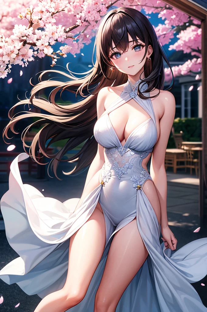 {{{masterpiece}, }}, {Highly detailed CG Unity 8k wallpaper}, wonderful, In detail, alone, {{Floating Hair}, }, {{cherry blossoms}, }, Outdoor, null, {{Wind}, }, Detailed Background, Beautiful attention to detail, Evening Dresses:0.3, Cleavage, Bright Eyes, {{whole body}, }, Dynamic pose, Dynamic Angle, View your viewers, Detailed clothing,, Highest quality