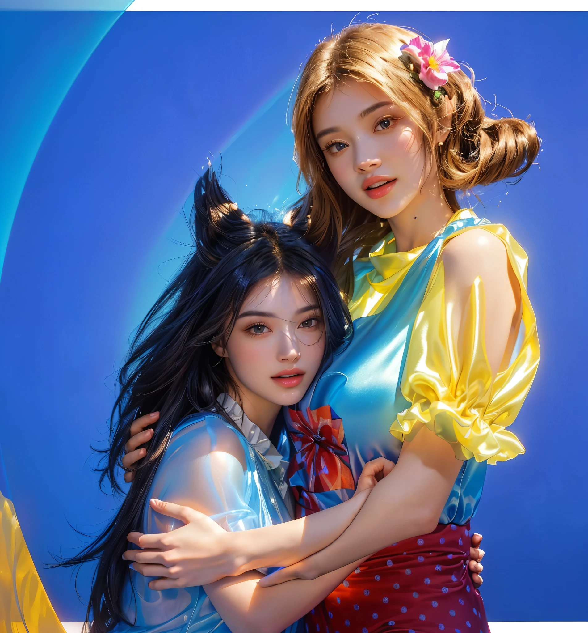 The image features a daugter and a mother posing together, yelling at each other. blurry light blue interior on the background (glossy silk texture with multiple big light probe refractions), perfect cgi, smooth silhouette, high intensity refraction, (super glossy silk material), most beautiful vfx, , realistic, 4k, high resolution, rim light, smooth 3d model, multiple light sources, rim light, sharp post effects render,best quality, 4k, masterpiece:1.2, ultra-detailed, realistic, vivid colors, The image of the highest quality, ensuring every detail showcased perfectly. It in 4k resolution, allowing viewers to immerse themselves in the richness of the colors and intricate details. The realistic rendering. under the spotlight, reflecting, high-resolution image, realistic rendering