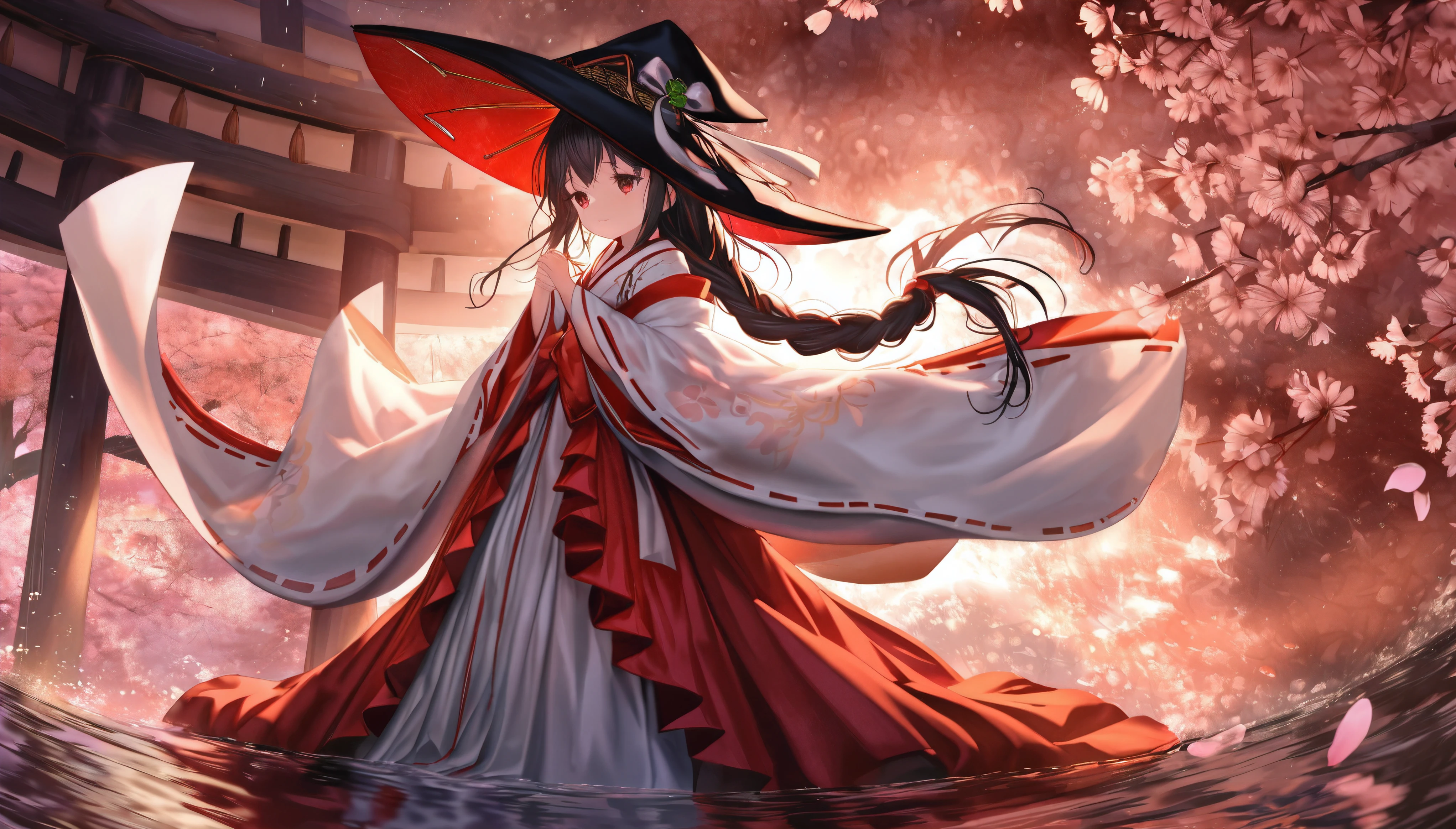 (full body), (solo), (A 7-year-old girl:1.2), (very young little girl), loli, (Solo), (small breast), (wide angle), raw photo, Aesthetic, Convoluted, Awarded, chiaroscuro, Best Quality, Detailed background, (Misty atmosphere:1.2), (hard rainy day:1.1),((Girl in very long shrine maiden:1.2)), In the throes of a tempestuous night, the rain falls in torrents, painting the world in shades of silver and darkness. Amidst the deluge, a young girl appears, a figure of enchantment, her silhouette a stark contrast to the storm's fury. She is adorned in a Japanese shrine maiden costume, a miko-zukuri, that is an opulent display of elegance and tradition.

The miko-zukuri is a vision of grandeur, with the haori, an outer garment, extending its hem to the ground, flowing like a river of pristine white silk. The fabric is of the highest quality, its texture smooth and supple, caressing the contours of her form as she moves with the grace of a willow in the wind. The haori is embroidered with delicate motifs of cherry blossoms and chrysanthemums, symbols of spring and autumn, respectively, their petals intricately stitched with threads that glimmer with the subtlest hint of mother-of-pearl.

The hakama, a traditional skirt, is elongated to match the haori, its hem sweeping the ground with each step, creating a sound akin to rustling leaves. The hakama is a deep, rich crimson, the color of a heart's passion, and it is adorned with a brocade pattern that is a dance of light and shadow, the threads shimmering with a metallic sheen that catches the fleeting flashes of lightning.

Her headwear is a kanmuri, a black hat with a wide brim, its edge adorned with a band of gold, a symbol of the shrine maiden's sacred status. The hat is tilted at a slight angle, casting a mysterious shadow over her features, adding an air of enigma to her presence.

Her hair is styled in a traditional manner, with a long, flowing braid that cascades down her back, secured with a white ribbon that is embr