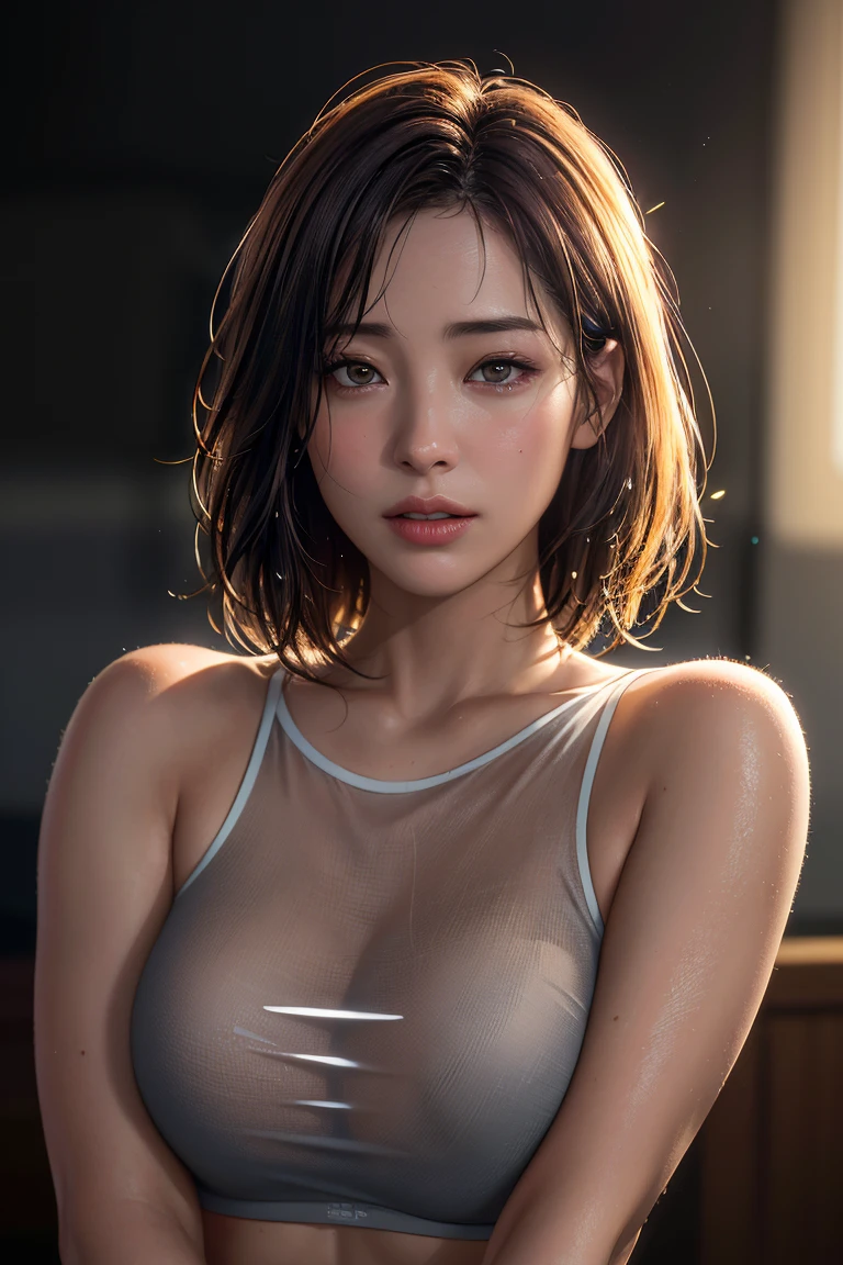 ((nude))、(Photorealistic: 1.4), (超Realisticな: 1.4), (Realistic: 1.3), (Smooth lighting: 1.05), (Improving the quality of cinema lighting: 0.9), 32K, 1 girl, 20-year-old girl, Realistic Lighting, Backlight, Face Light, Ray Tracking, (Bright light: 1.2), (Quality improvement: 1.4), ( Highest quality realistic textured skins: 1.4), Fine grain, Detailed face, Quality Eyes, (tired, Sleepy and satisfied: 0.0), Face close-up, T-Shirts, (Enhances the body line: 1.1), (Enhances skin texture: 1.1) masterpiece, Ultra-high resolution, (Photorealisticistic: 1.4), RAW Photos, 1 girl, darkness, Deep Shadow, Modest, Cold light, thin clothes, wet body, underwear, see-through underwear