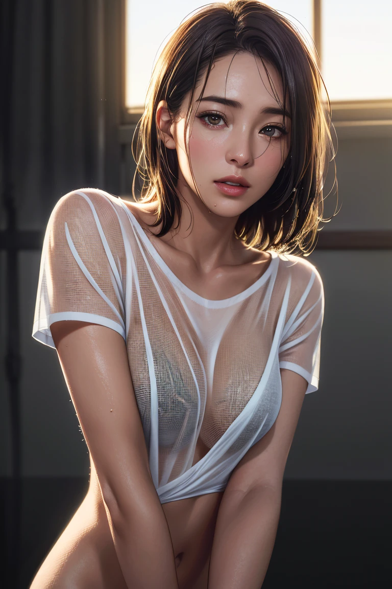 (Photorealistic: 1,4), NSFW, whole body shot, Ukrainian Supermodel, sweaty, wet look, wet student uniform, open clothes, sensual pose, lewd face, sexy lips, waifu, oppai, beautiful, cute, pretty, perfectly proportion body, perfect framing, sharp gray eyes, supermodel face, detailed face, pale skin, wet white ponytail wavy hair, moody, depth of field, luminism, orange and teal, cinematic lighting, soft light, 4k resolution