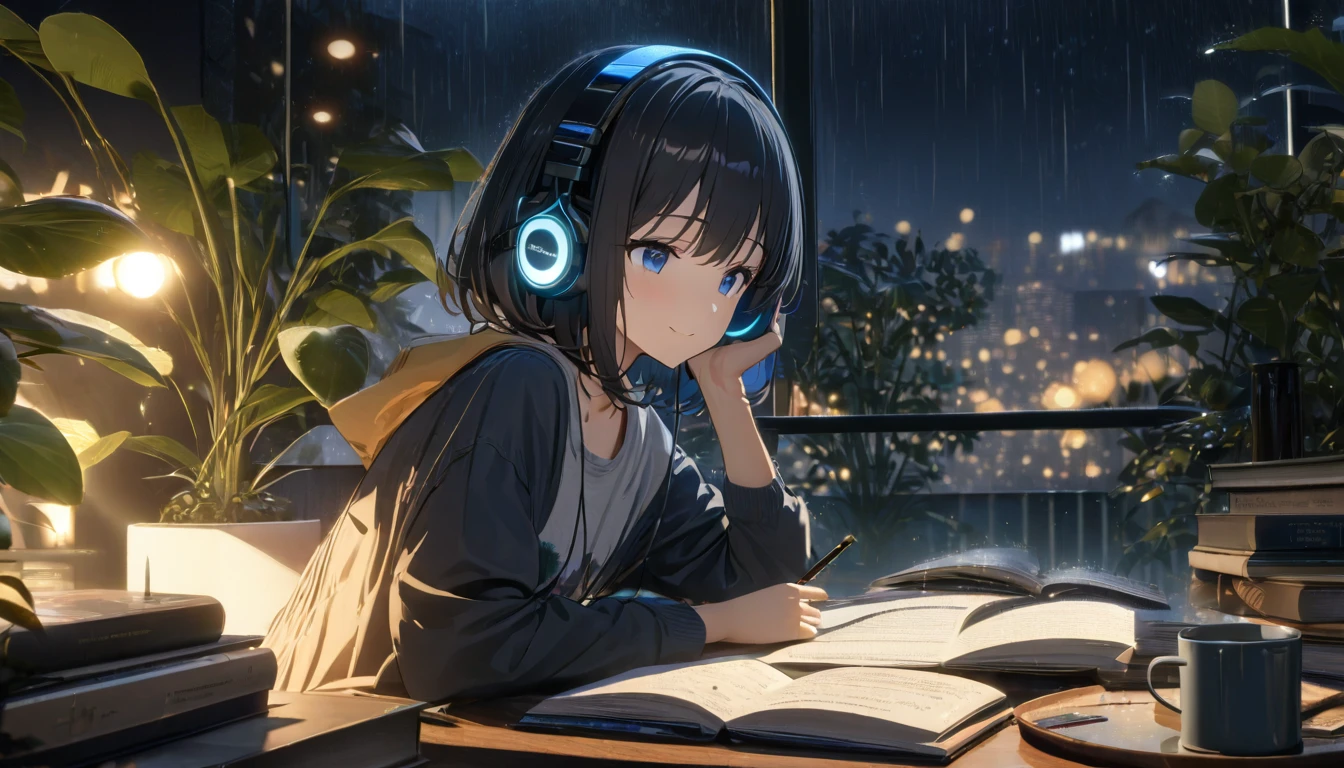 one girl, black short hair and bob hair, ..、smile、beautiful blue eyes, gentle smile on her face、flat chest, one Beautiful girl,((masterpiece, illustration, best quality) ((ultra-detailed)),rainy night, a girl studying while listening to music with headphones, the night view is very beautiful with beautiful candle on her table. there are plants in the background, a beautiful night view with books and plants in the background with coffee on the desk,, 濃い青とBeautiful Blueのグラデーション, High resolution, 8K HD detail, hyper-detail, cinematic, surrealism, soft light, deep field focus bokeh, ray tracing and surrealism. --v6