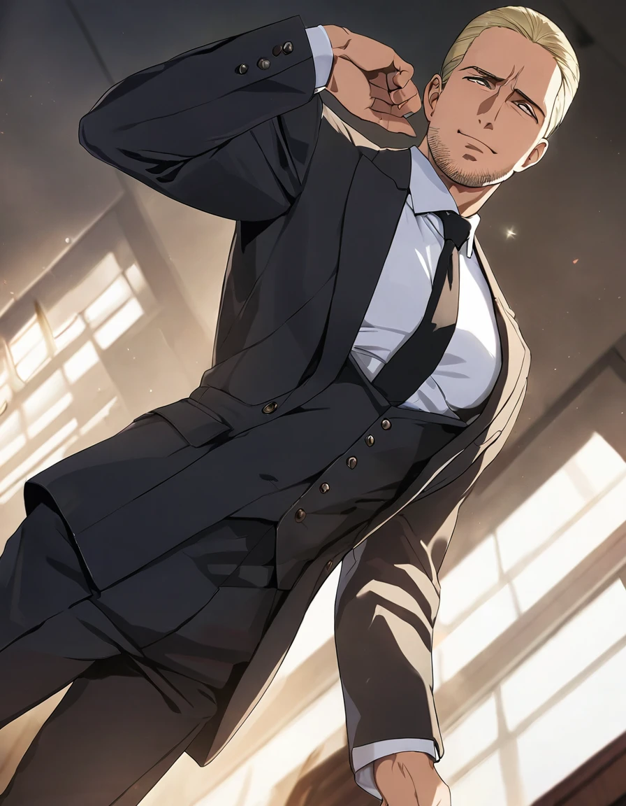 1man, veteran CIA agent, handsome mature, business hair with asymmetry bangs, narrow stubble, green platina blond hair, emerald eyes, 45yo, masculine gentleman, charming caucasian, ordinary uncle, pentagon shaped head, BREAK ideal ratio body proportions, middle weight muscular, beautiful detailed eyes, dark iris, BREAK solo, man in black suit, white shirt, black necktie, softly smile, BREAK upperlegs, dandy posing, dramatic expression, 2000s, visual novel, in newest eroge style, dutch angle, cinematic shadows, cinematic lighting, lens flare, BREAK 8k, masterpiece, best quality, very aesthetic, Highest quality, official art