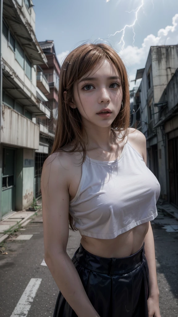 Lightning-like aura、In an abandoned city、sexy、Combat Uniform、Girl,Looking up at the approaching woman from below、cute、(魔法で町を破壊するGirl:1.2)、Mischievous look、White skin、