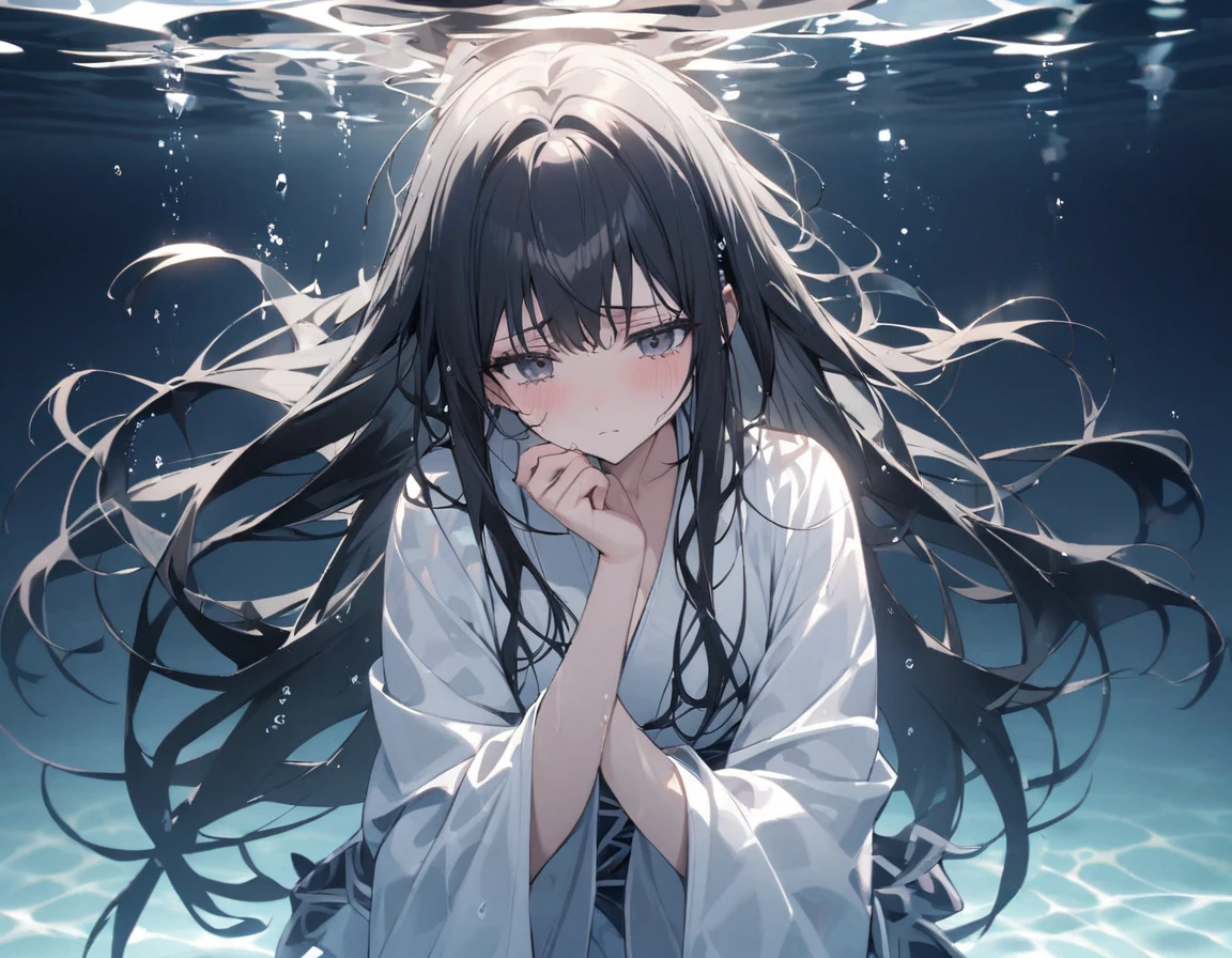 Girl showing nails from underwater with arms in front、Black wet long hair、White triangular、White kimono、Many white hands sticking out of the water、The background is the pool、Sad look、