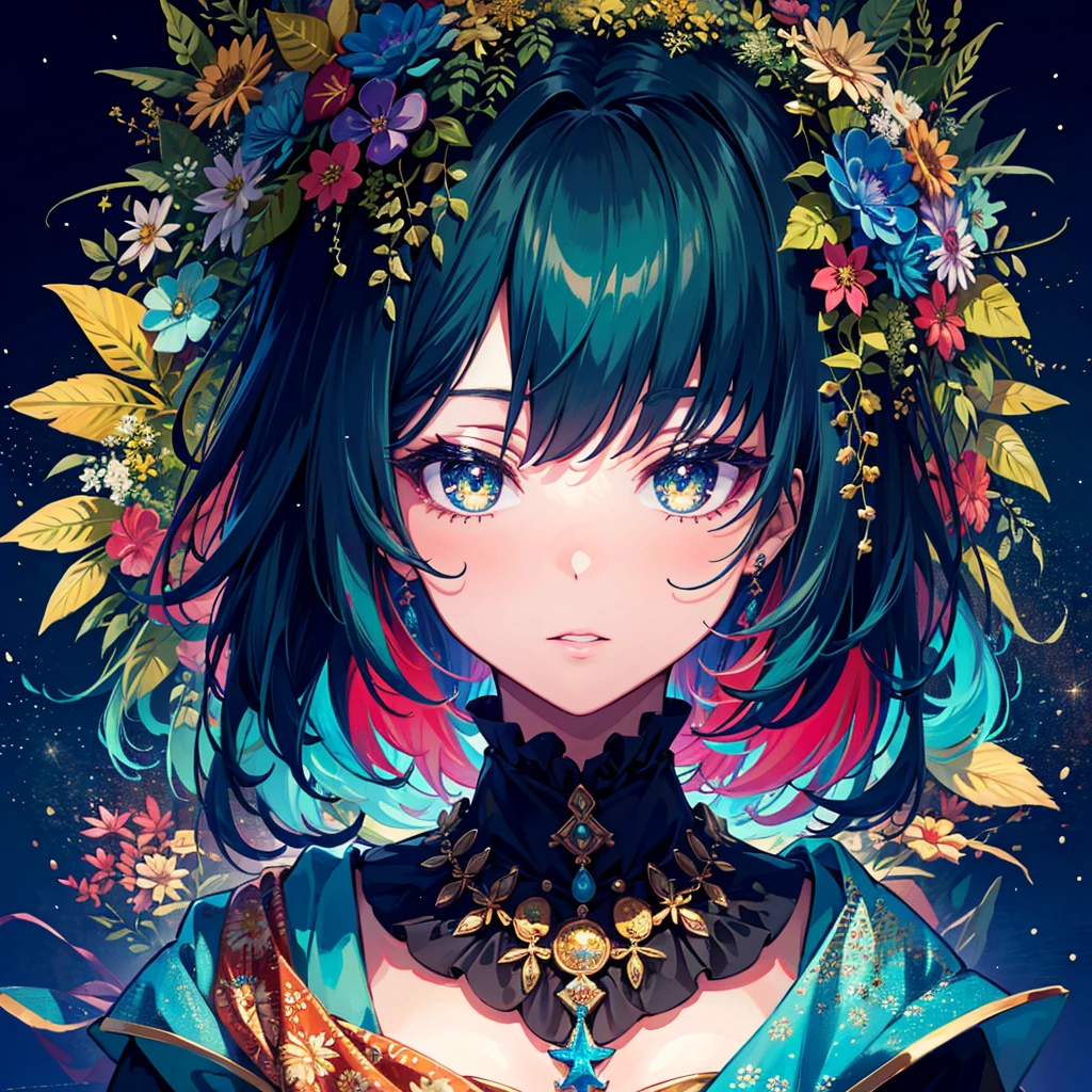 Amazing beauty, girl, masterpiece, top quality, details, 8K, high resolution, wreath, color, colorful, psychedelic,