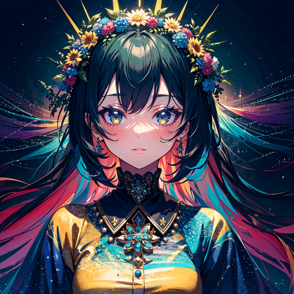 Amazing beauty, girl, masterpiece, top quality, details, 8K, high resolution, wreath, color, colorful, psychedelic,