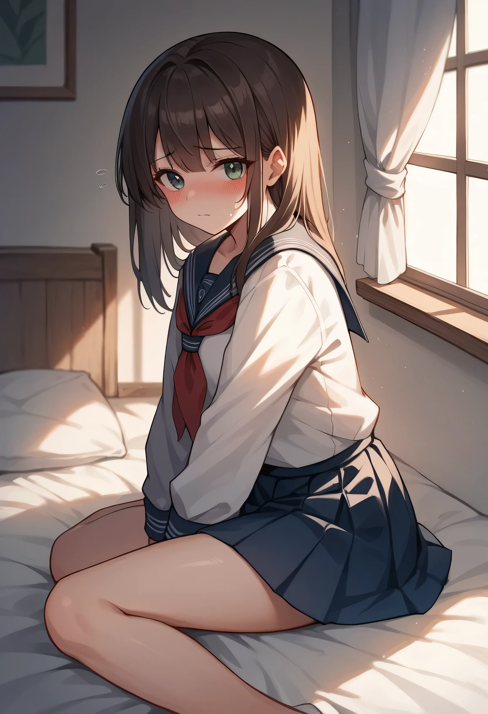 Anime style, a shy and blushing female character in a school uniform sitting on a bed in a cozy bedroom. The scene is from a first-person perspective from the side, with the viewer sitting very close next to her and looking at her side profile, almost as if the viewer's shoulder is touching hers. The bedroom should have warm, soft lighting, and the character should have a cute and slightly embarrassed expression