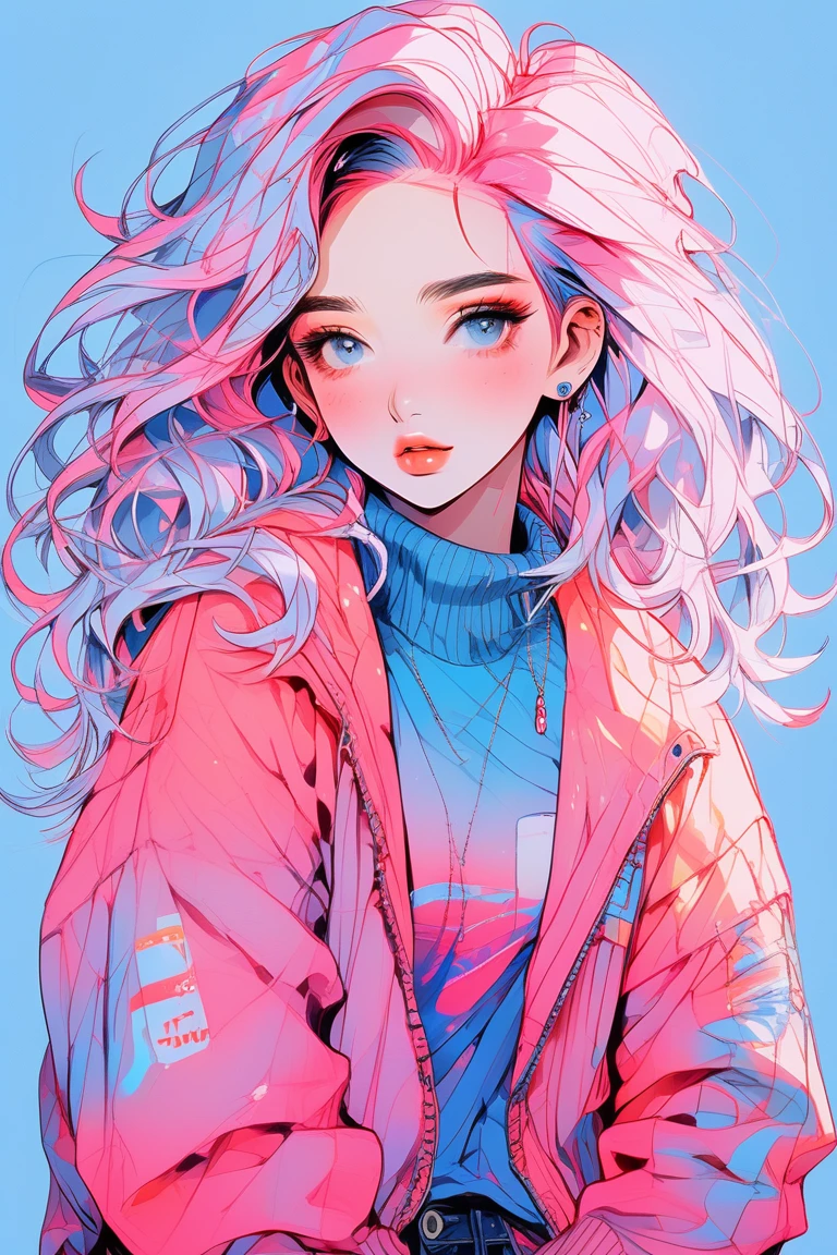 (Highest quality:0.8), (Highest quality:0.8), Perfect illustration((masterpiece, Highest quality)), Illustrator, anime , Realistic ,sketch , 1 girl, ,lip, sweater,order, Blue gradient background, Neon Hair,Texture Trim, Canadian, (masterpiece,Highest quality) Cancer