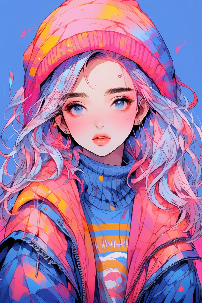 (Highest quality:0.8), (Highest quality:0.8), Perfect illustration((masterpiece, Highest quality)), Illustrator, anime , Realistic ,sketch , 1 girl, ,lip, sweater,order, Blue gradient background, Neon Hair,Texture Trim, Canadian, (masterpiece,Highest quality) Cancer