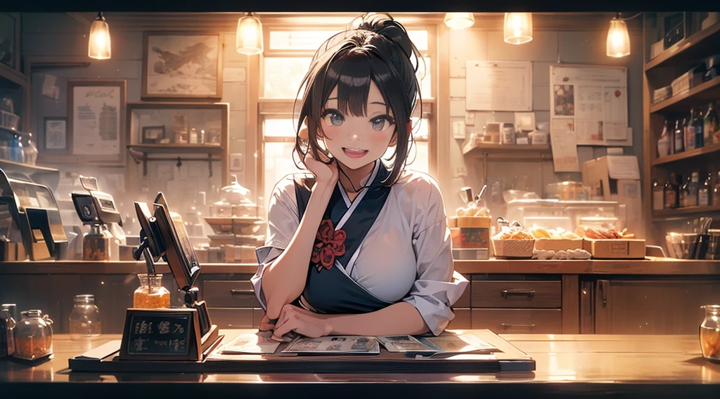 (fantasy:1.5),(Japanese cartoons,8K,masterpiece, Top quality, best quality,beautiful and aesthetic:1.2,Professional Illustration:1.1,Ultra Detailed:1.3,Perfect lighting),Extremely detailed,The most detailed,Ridiculous , high resolution, Ultra Detaileded,,(商场Cash register:1.4),A girl mixing,Cash register,Cashier,Cashier,rich and colorful:1.4,tangled,(1girl),(girl),(Female generals of the Three Kingdoms),(Very detailed and beautiful face and eyes,Firm breasts),Oily skin,((Black,hair,short bob with short pony tail hair)),thin pubic hair,cute的,cute,34 years old,Alchemist Costume,Merchant Clothing,Smile,reception,Smile,诱人 虚弱 Smile,(with sparkling eyes and a contagious Smile),open mouth, Looking at the audience