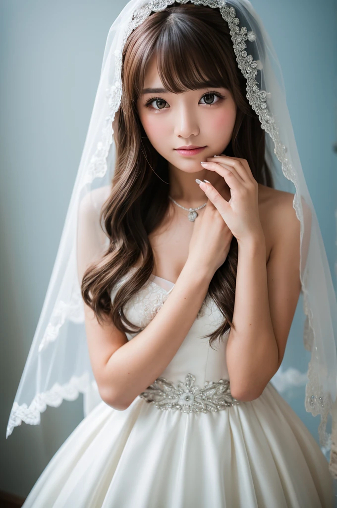 Highest quality　RAW Photos　One girl　Wedding dress　Wearing the veil　Brown Hair　Medium Short　　Blue Nails