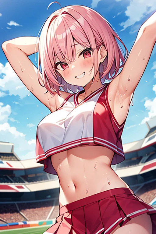 Angle to thigh,One Woman, high  student,Pink Hair,short hair,Bangs between the eyes,Slender body shape,slightly larger breasts,Sleeveless white cheerleader uniform,(smile),blush,Cheer Dance,Red eyes,(Shoulder Bare),Belly button,Outdoor,With the sky as a backdrop,(Sweat),(Armpit Show)