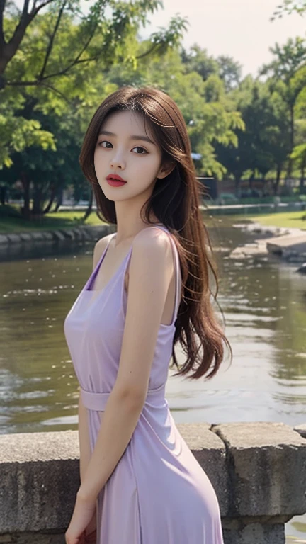 1 Girl,riverside,Soft Light,Chinese Beauty,Tight Fit,translucent,Lilac dress,