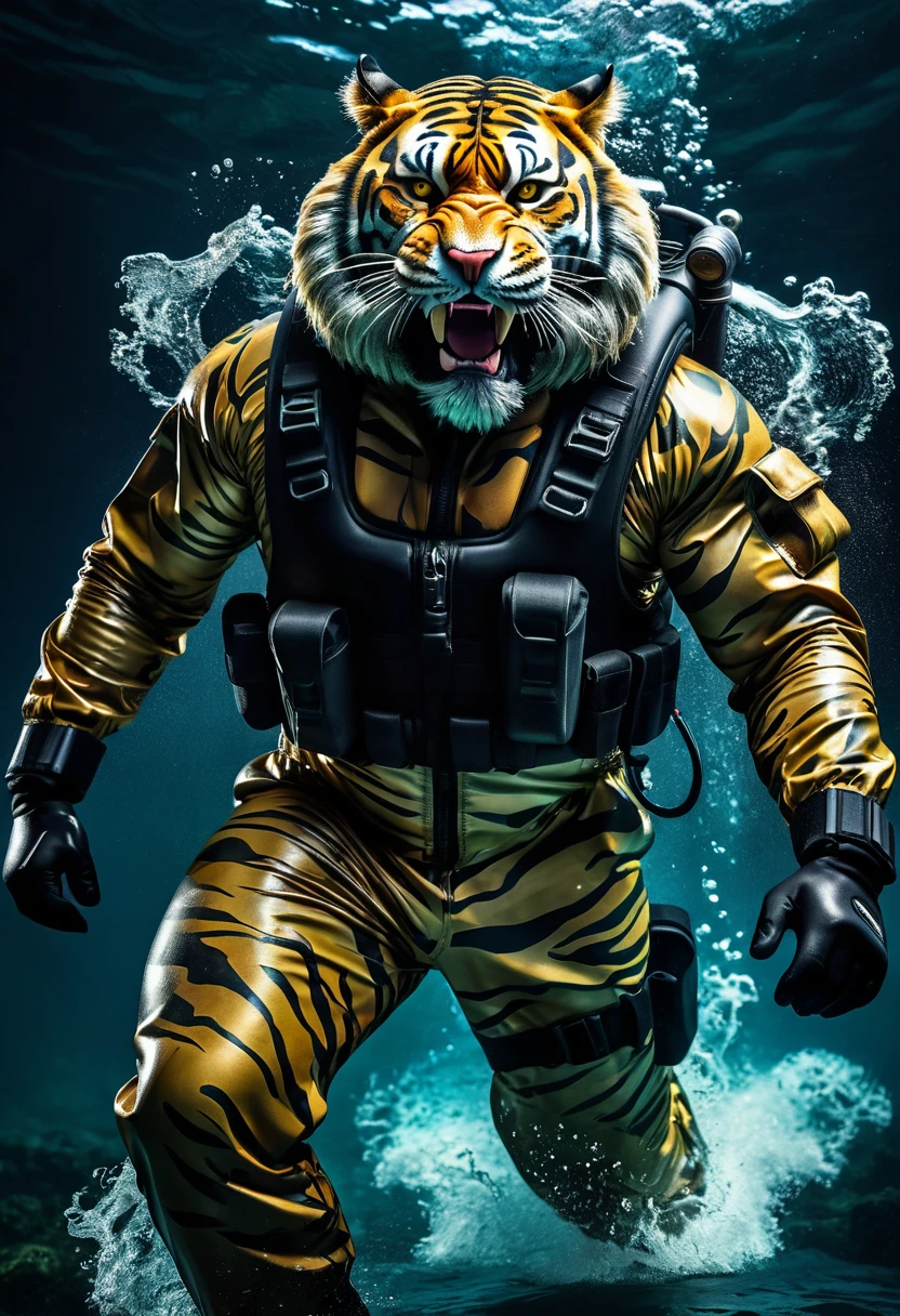 (a dark-skinned bearded fat muscular old man in a bulky army camouflage zipper diver suit) carrying a gun, (wearing realistic roaring tiger mask), dynamic action pose, fierce expression, showcasing an imposing stature, surrounded by military elements, dramatic shadows and intense highlights, cinematic color tones, high detail, powerful, art influenced by Bruce Onobrakpeya and Stanley Artgerm, ultra-detailed, best quality image, action-packed atmosphere. swimming in the ocean at night