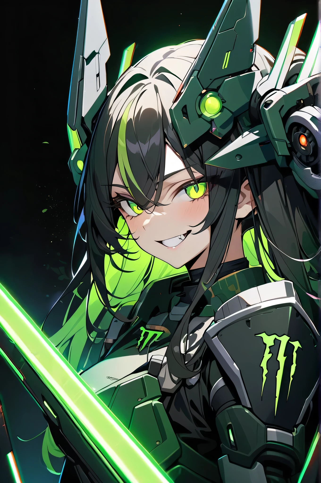 ((BLACK BACKGROUND:1.5)), masterpiece, best quality, detailed, exquisite, beautiful, absurdres, woman, (Mecha musume:1.5), ((Monster Energy)), berserker, mechanical dragon, mech, evil smile, looking at viewer, long hair, curly, hair covering eyes, black hair, ((green streaked hair)), green eyes, tsurime, tall, machine armour, with devil wings on back, 20-year-old, anime, ((upper body)), (green Neon light:1.5)
