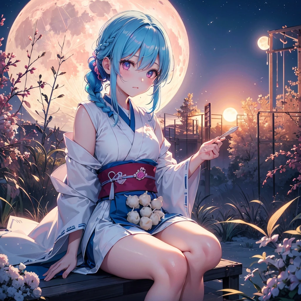 Sky blue hair, (Braided Ponytail:1.2), Pink eyes,Fair skin ,(whole body),(One Girl),Tsukimi,(White sweet dumplings ),White round dumplings,Japanese pampas grass,(beautiful, Full moon shining in the night sky),(masterpiece, Highest quality, Very detailed, Best Shadow), (Detailed Background), (Beautifully detailed face), High Contrast, (Best lighting, Very delicate and beautiful), ((Cinematic Light)), colorful, Hyper Detail,8k, Dramatic Light, Intricate details,Sit and eat dumplings while watching the moon,(Shadow of a rabbit on the moon),mysterious