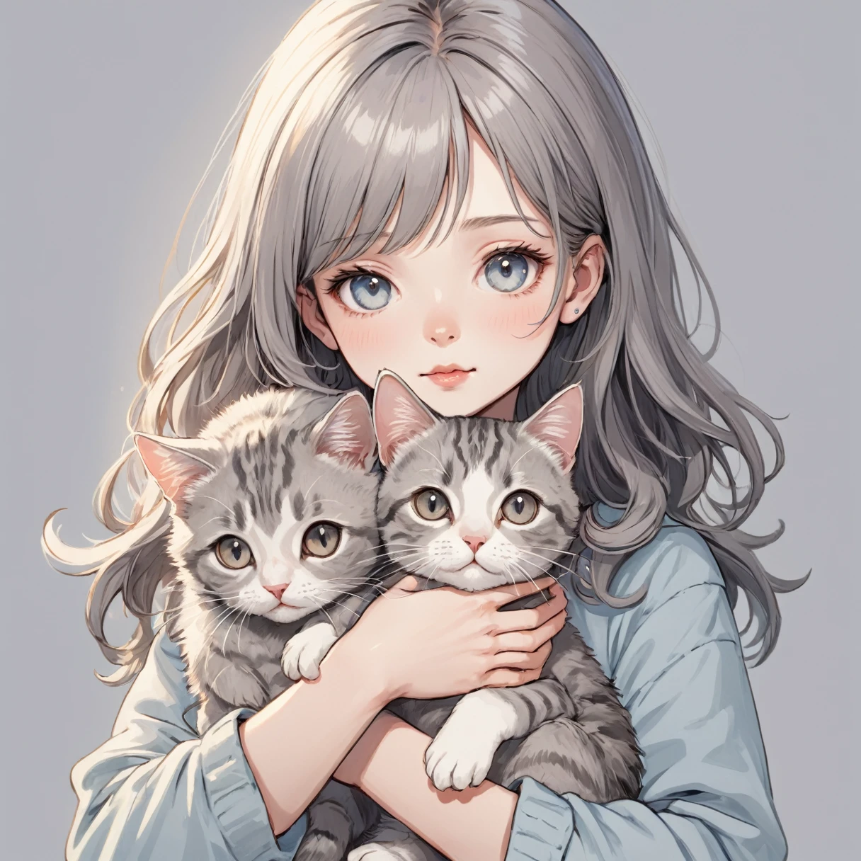 masterpiece,Highest quality,Very detailed,High resolution,Super detailed,beautiful, Girl holding a cat,Cute doodle style illustration,Soft colors,comfortable, Girl holding a cat,Cute doodle style illustration,Soft colors,comfortable,Gray tabby cat、