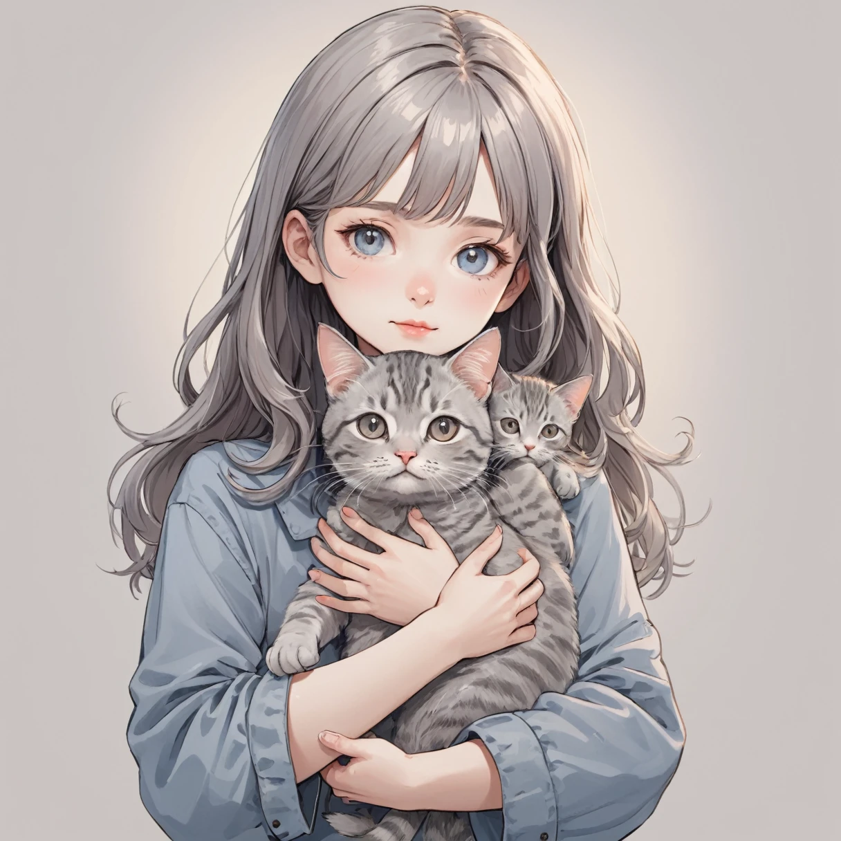 masterpiece,Highest quality,Very detailed,High resolution,Super detailed,beautiful, Girl holding a cat,Cute doodle style illustration,Soft colors,comfortable, Girl holding a cat,Cute doodle style illustration,Soft colors,comfortable,Gray tabby cat、