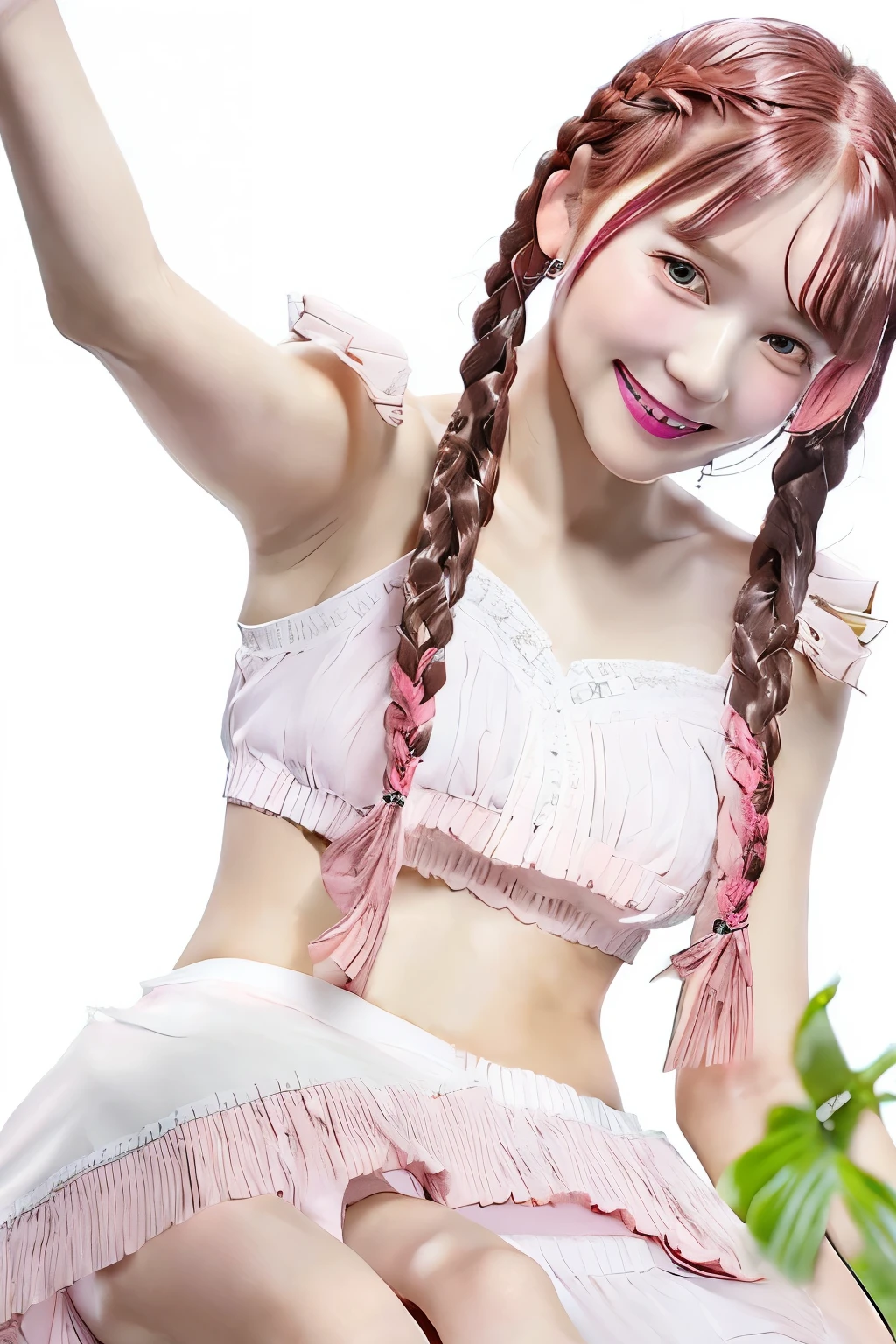 Realistic photos of cute Korean star women, Uneven pigtails, light makeup, Medium breast size, Smile a little, Pink dress,Full Body Shot、  Clear facial features with sharp and realistic details, Sony FE, 35mm, Cinematic lighting, Advanced Details, uhd, high quality, HD, 8K, 16K
